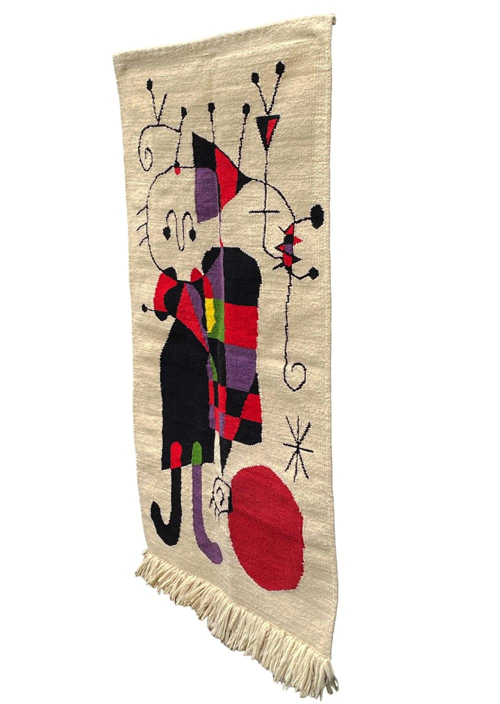 Wool Mid-Century Modern Hand Knotted Abstract Art Rug Wall Tapestry After Joan Miro