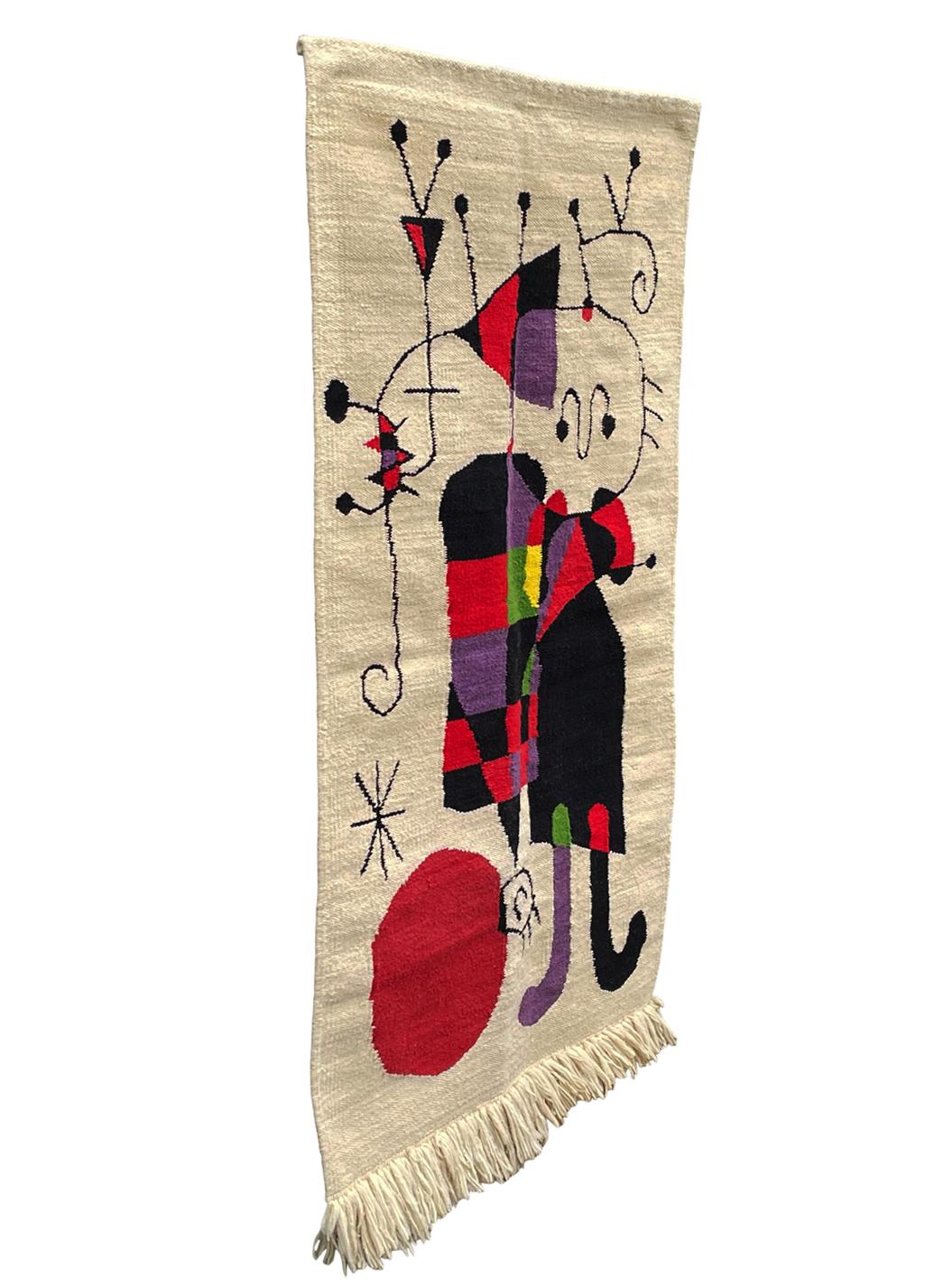 Mid-Century Modern Hand Knotted Abstract Art Rug Wall Tapestry After Joan Miro 1