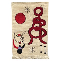 Mid-Century Modern Hand Knotted Abstract Rug Wall Tapestry After Joan Miro