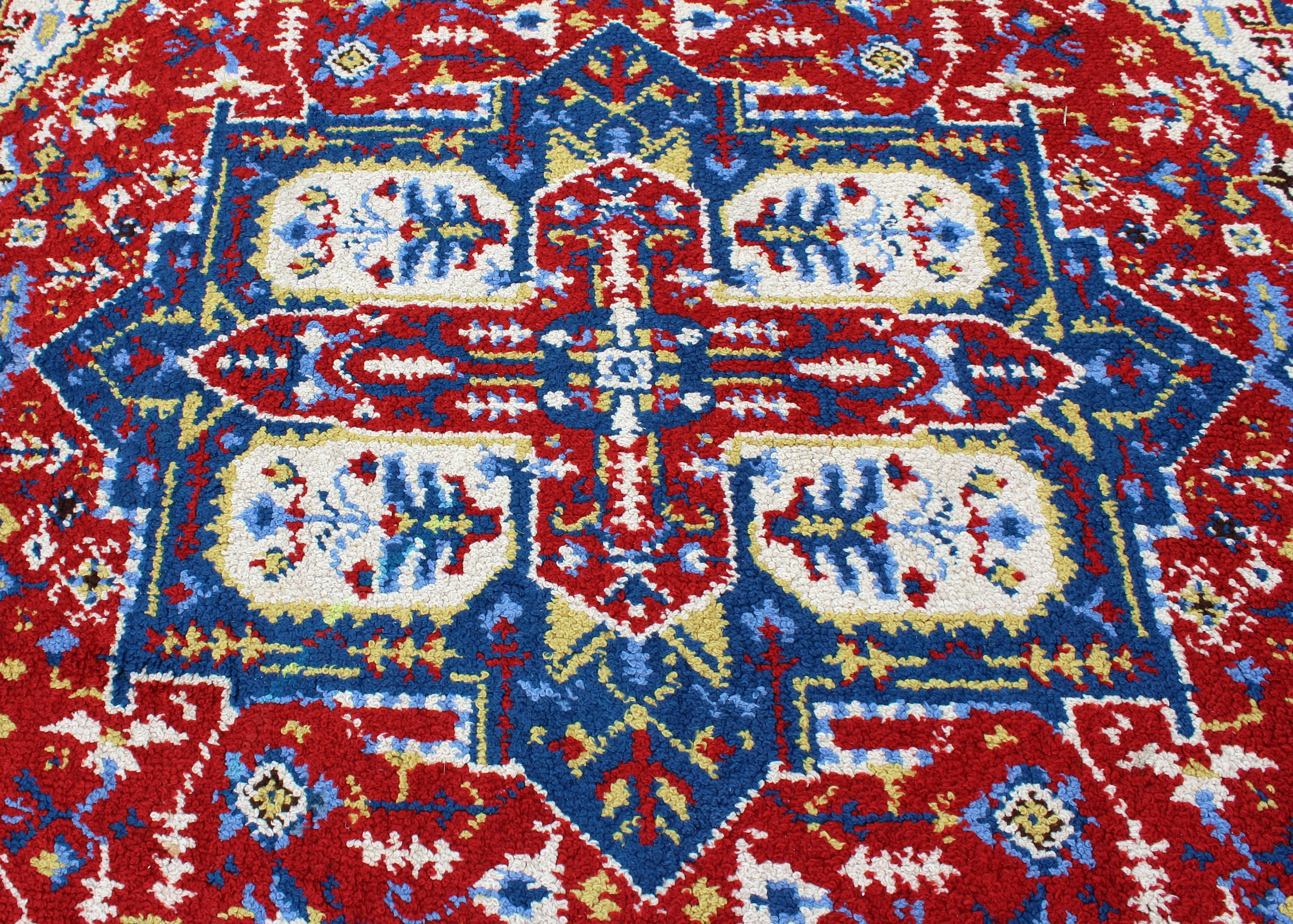 Mid-Century Modern Hand-Knotted Area Rug Carpet Swedish Style Blue Red In Good Condition In Keego Harbor, MI