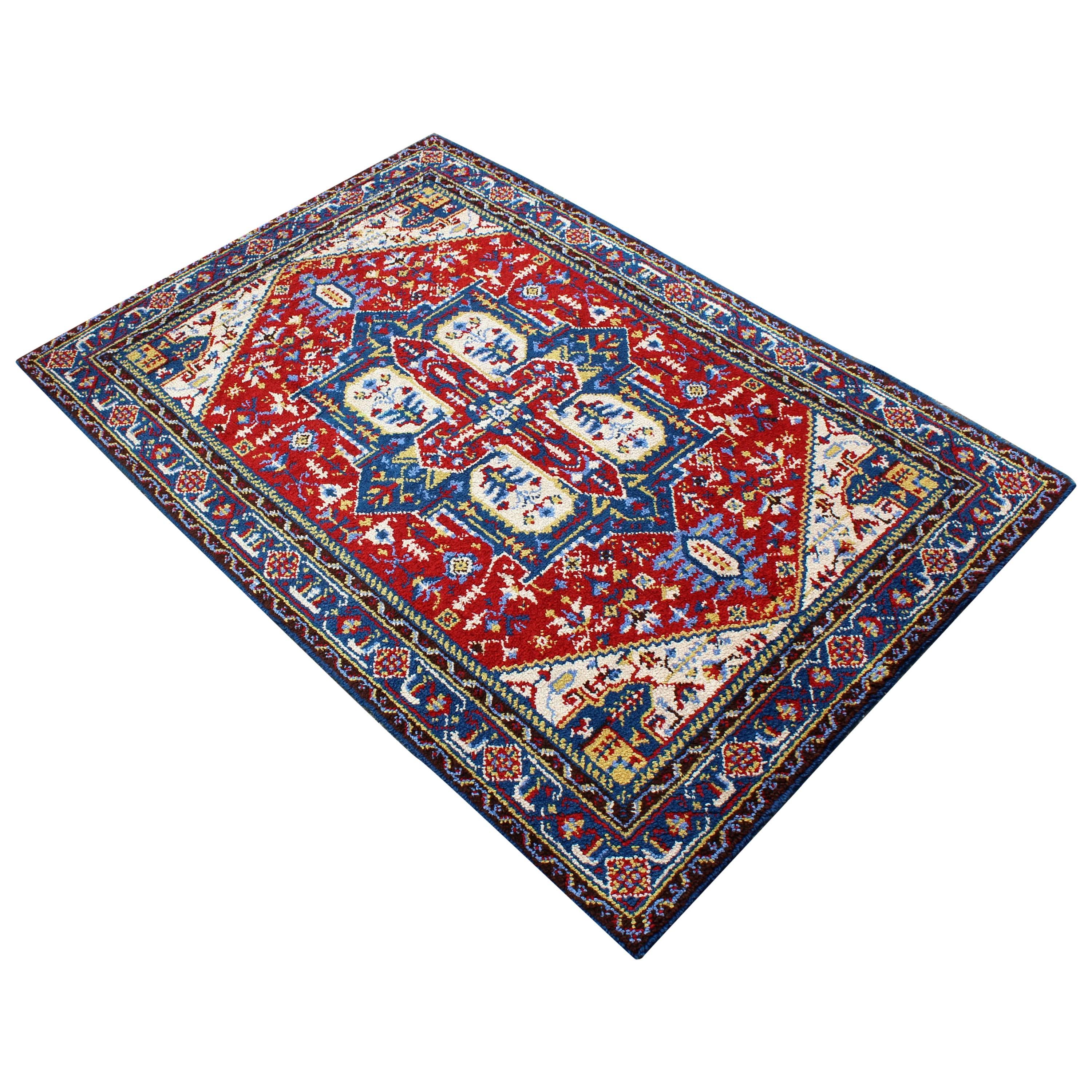 Mid-Century Modern Hand-Knotted Area Rug Carpet Swedish Style Blue Red