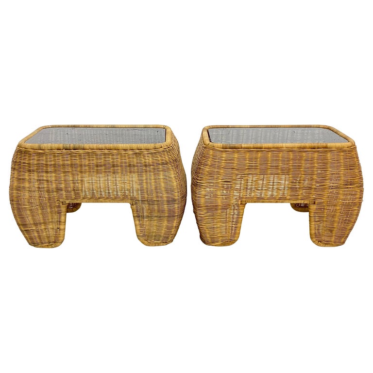 MidCentury Modern Hand Made Sculptural Wicker Rattan Side Tables, a