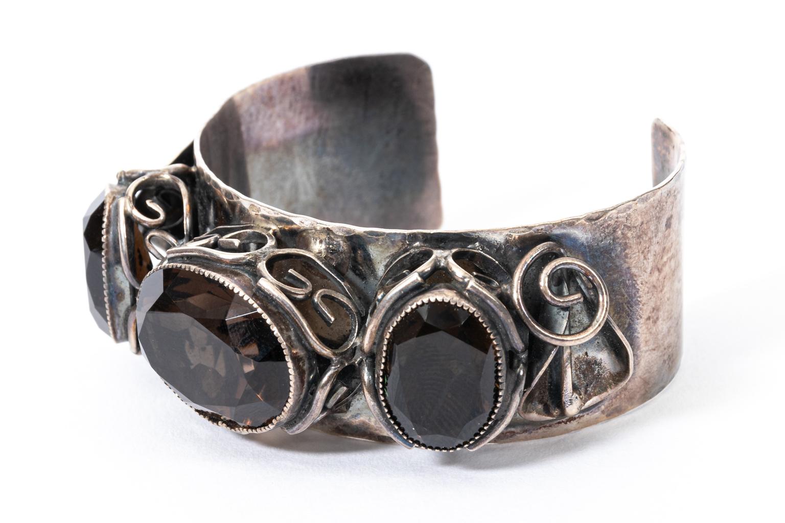 Mid-Century Modern Handmade Smokey Quartz Sterling Silver Cuff In Good Condition For Sale In St.amford, CT