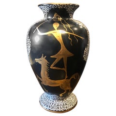 Mid-Century Modern Hand Painted Black and Gold Ceramic Italian Vase, circa 1960
