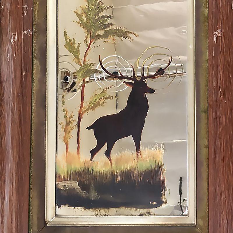 American Mid-Century Modern Hand Painted Buck on Mirror with Walnut Frame For Sale