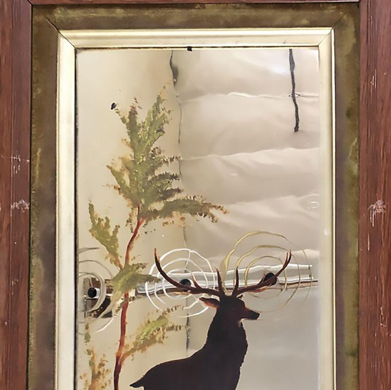 Mid-Century Modern Hand Painted Buck on Mirror with Walnut Frame In Excellent Condition For Sale In Van Nuys, CA