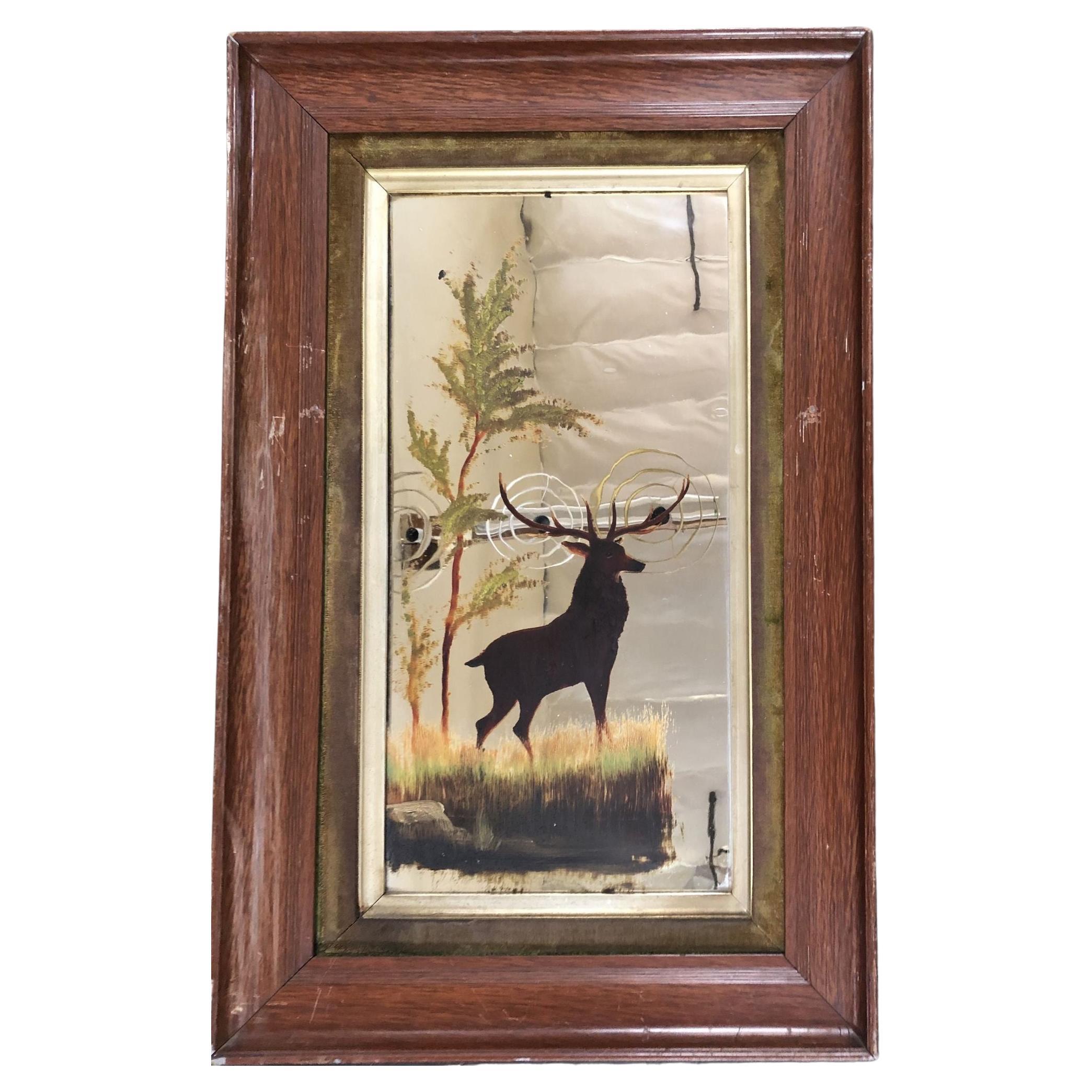 Mid-Century Modern Hand Painted Buck on Mirror with Walnut Frame For Sale