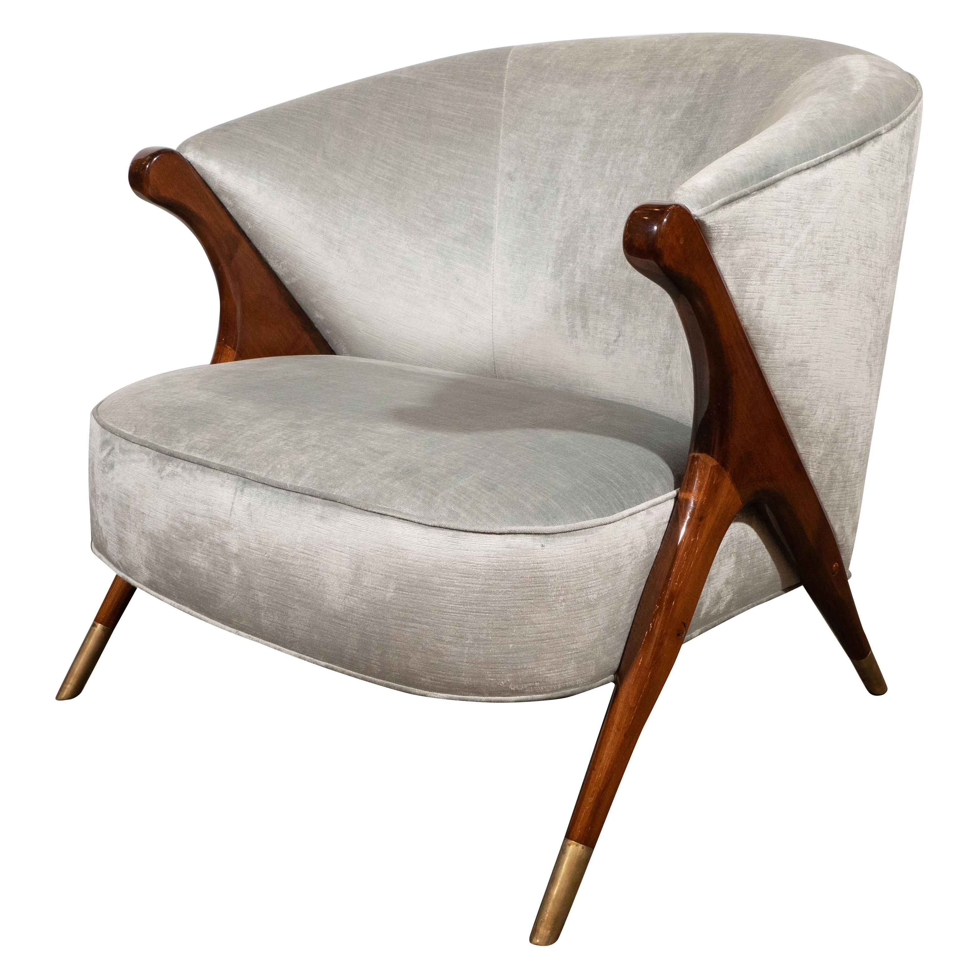 Mid-Century Modern Hand Rubbed Walnut and Platinum Velvet Lounge Chair by Karpen
