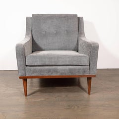 Mid-Century Modern Hand Rubbed Walnut Button Back Armchair in Dove Gray Fabric