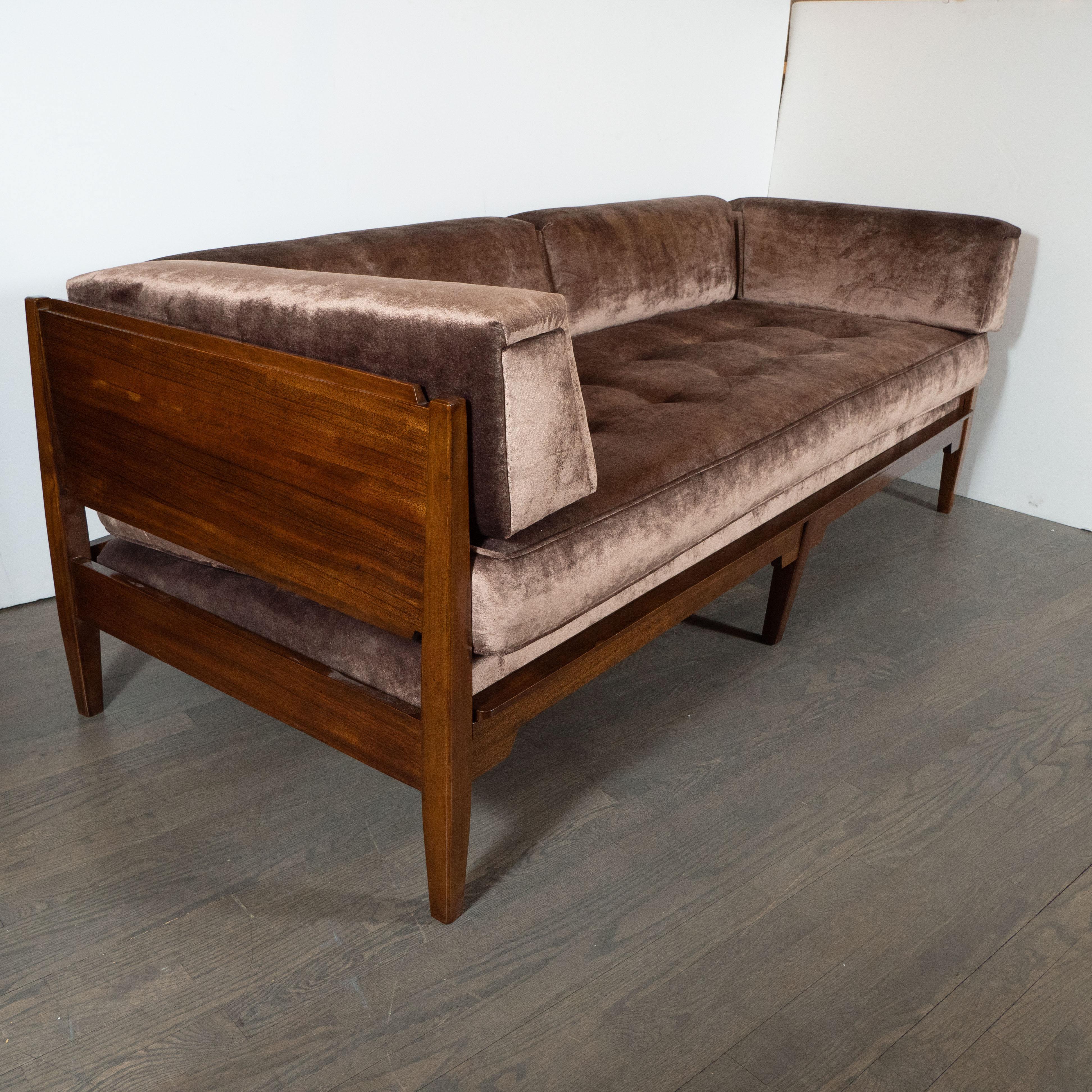 Mid-Century Modern Hand Rubbed Walnut Day Bed/ Sofa in Smoked Bronze Velvet In Excellent Condition In New York, NY