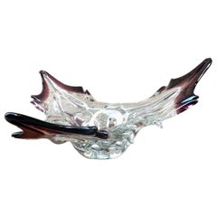 Mid-Century Modern Hand-Sculpted Murano Glass Bowl with Purple Base and Ends