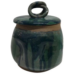 Mid-Century Modern Hand Thrown Green and Blue Lidded Decorative Pottery Vessel