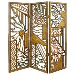 Retro Mid-Century Modern Hand Tooled Brutalist Metal Room Divider Screen 3-Panel 1970s