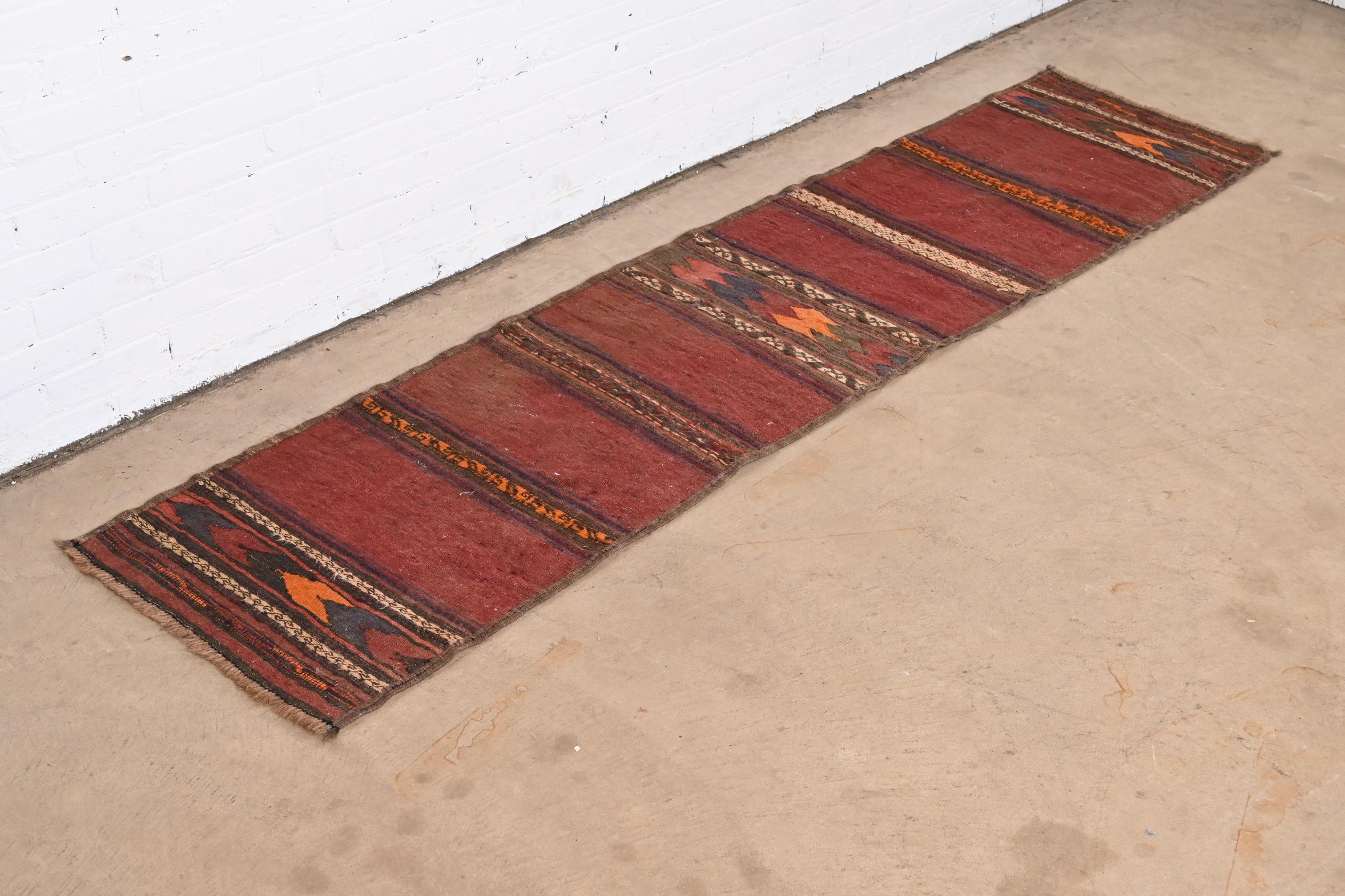 Mid-Century Modern Hand-Woven Afghan Kilim Flat Weave Runner Rug In Good Condition For Sale In South Bend, IN