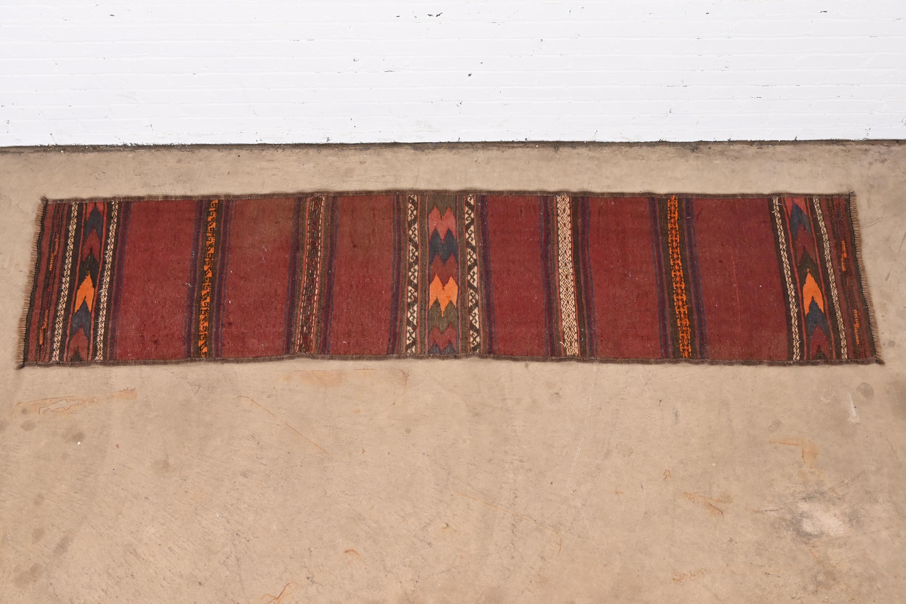 20th Century Mid-Century Modern Hand-Woven Afghan Kilim Flat Weave Runner Rug For Sale