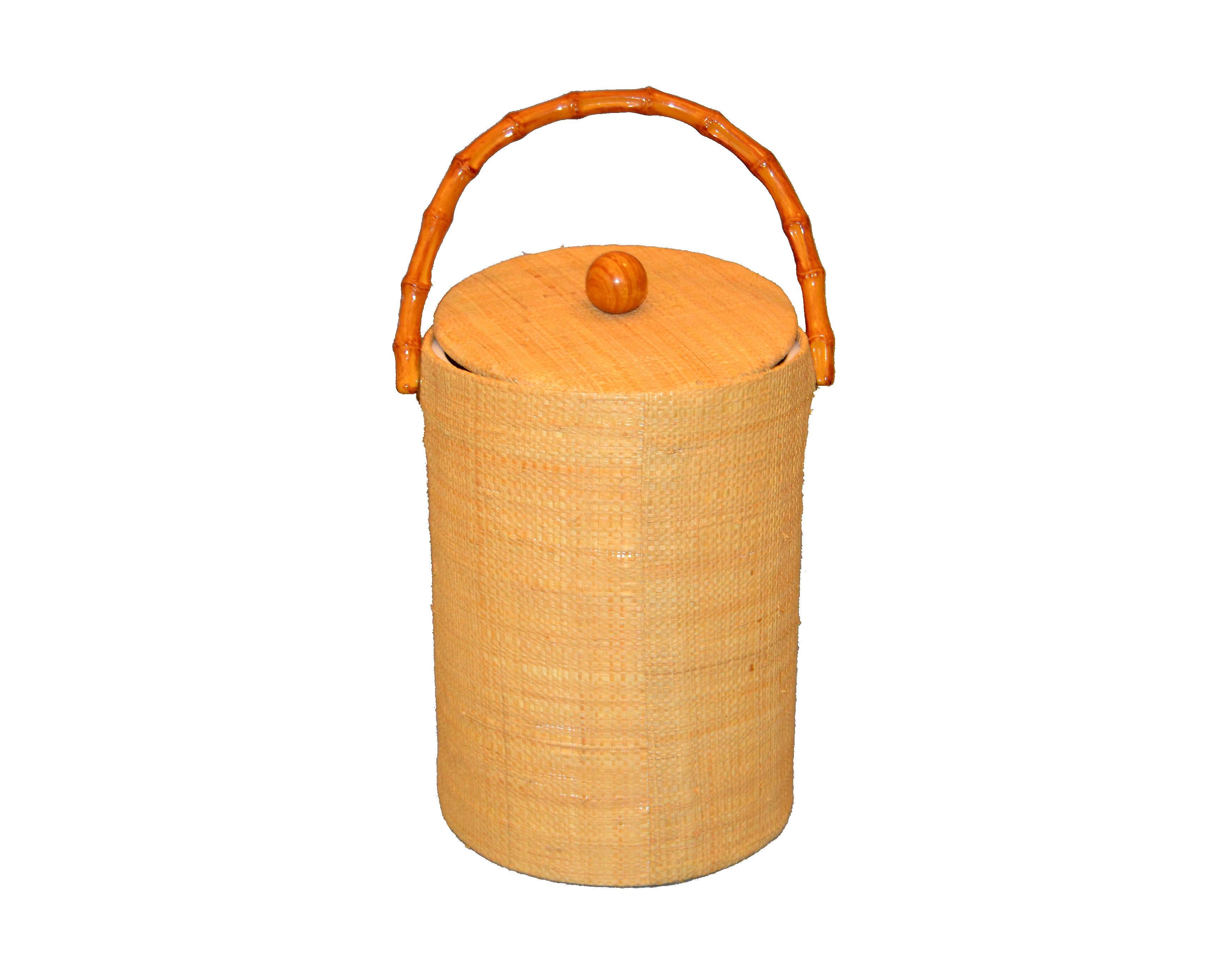 Mid-Century Modern Handwoven Cane & Bamboo Insulated Ice Bucket with Lid 3