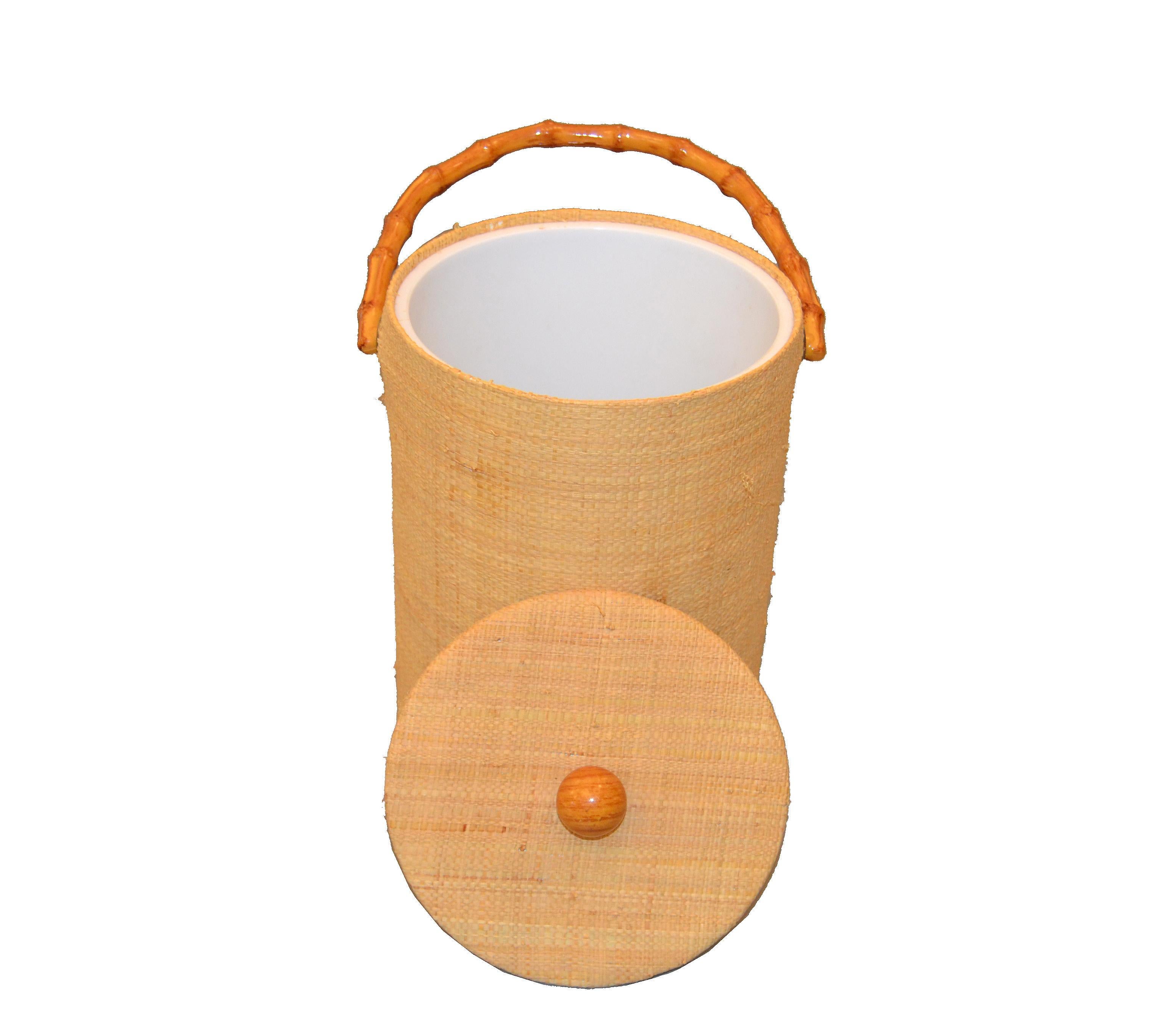 Hollywood Regency Mid-Century Modern Handwoven Cane & Bamboo Insulated Ice Bucket with Lid