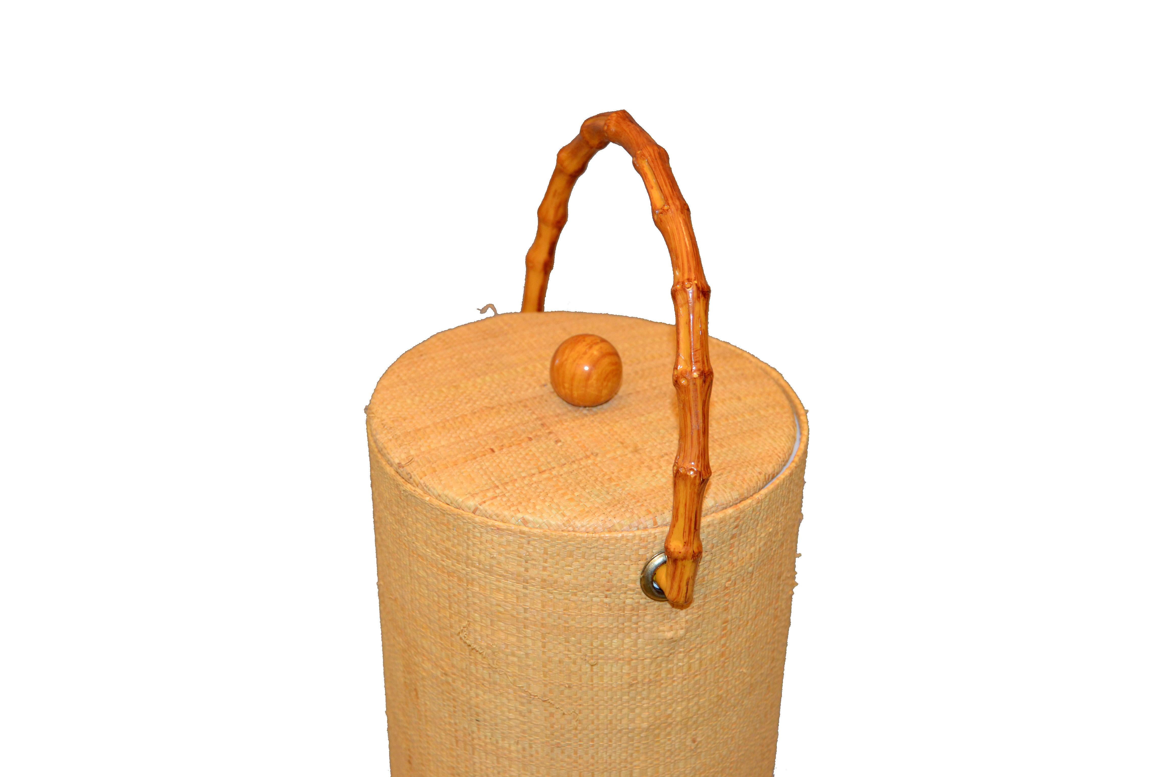 American Mid-Century Modern Handwoven Cane & Bamboo Insulated Ice Bucket with Lid