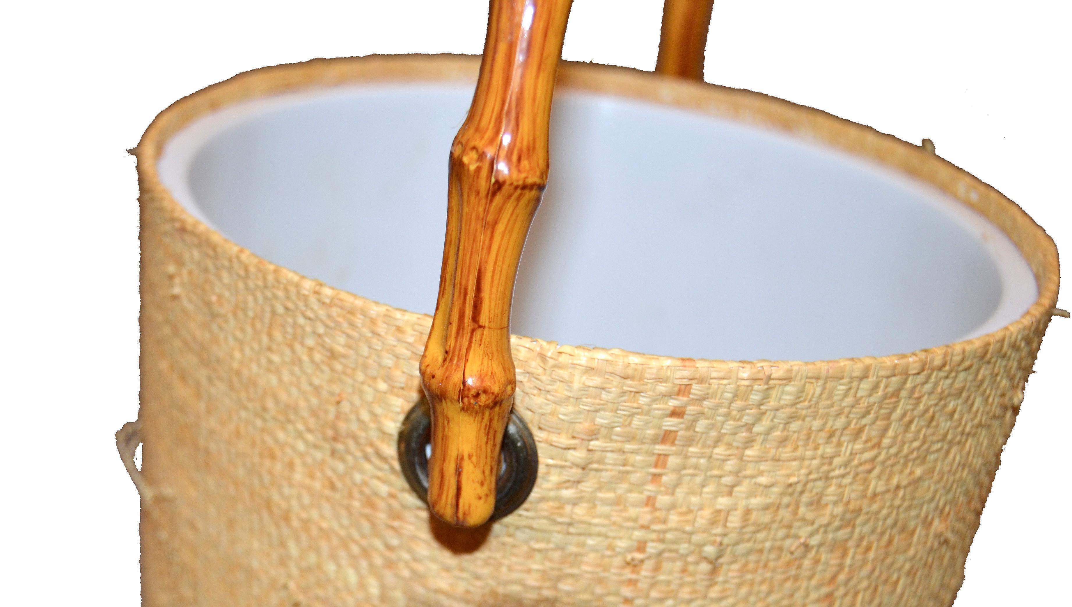 Mid-Century Modern Handwoven Cane & Bamboo Insulated Ice Bucket with Lid 1