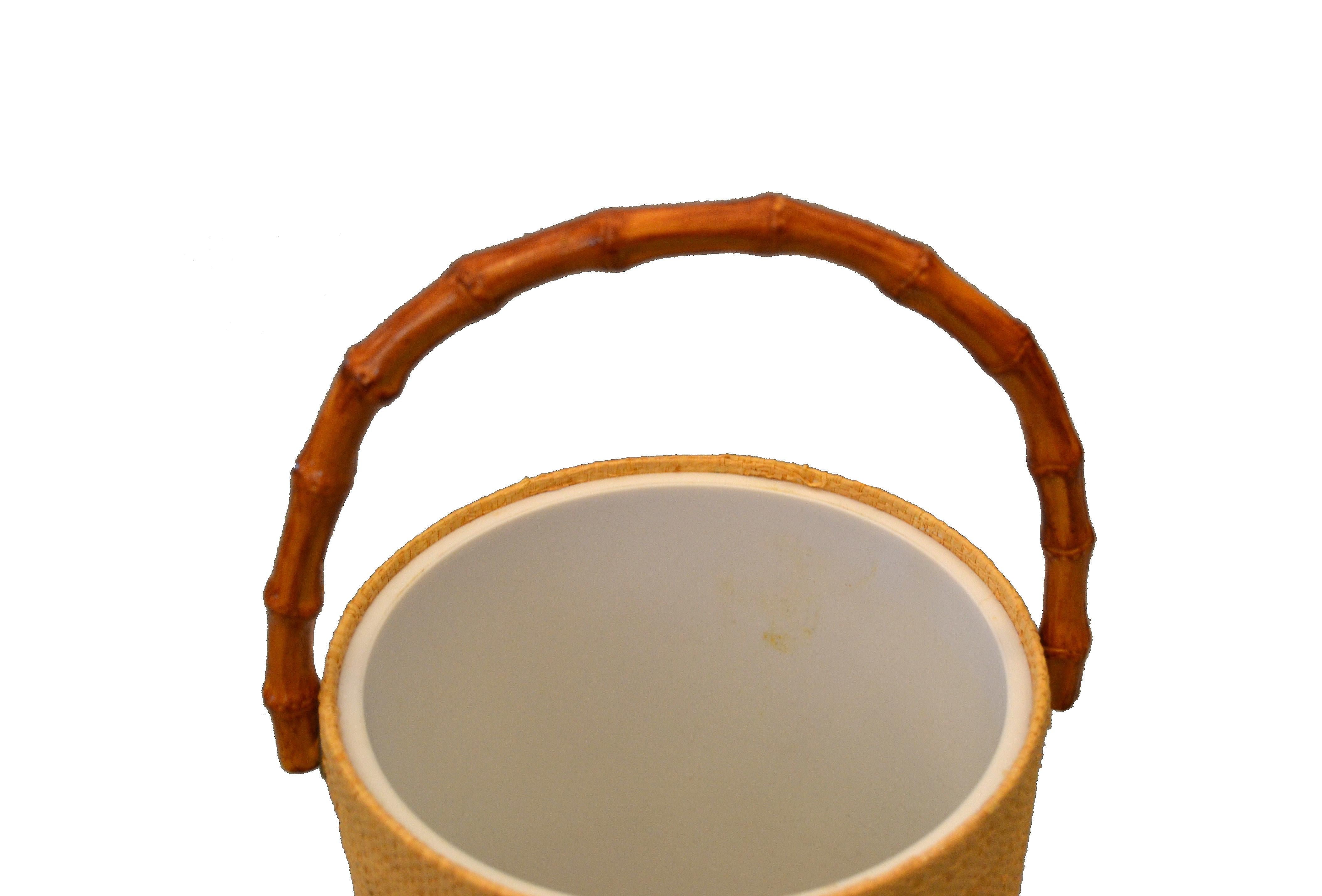 Mid-Century Modern Handwoven Cane & Bamboo Insulated Ice Bucket with Lid 2