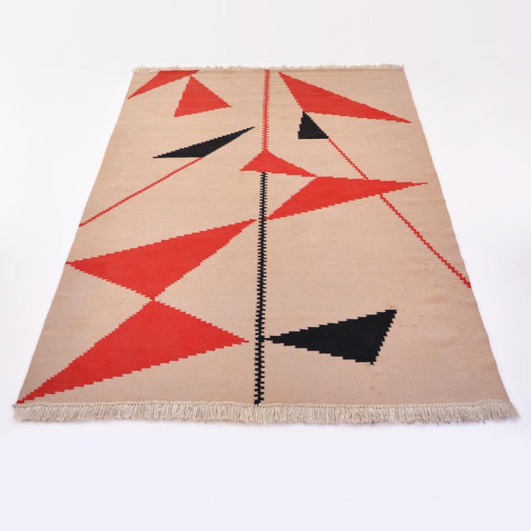 MidCentury Modern Hand Woven Kilim Rug with Geometric Decoration