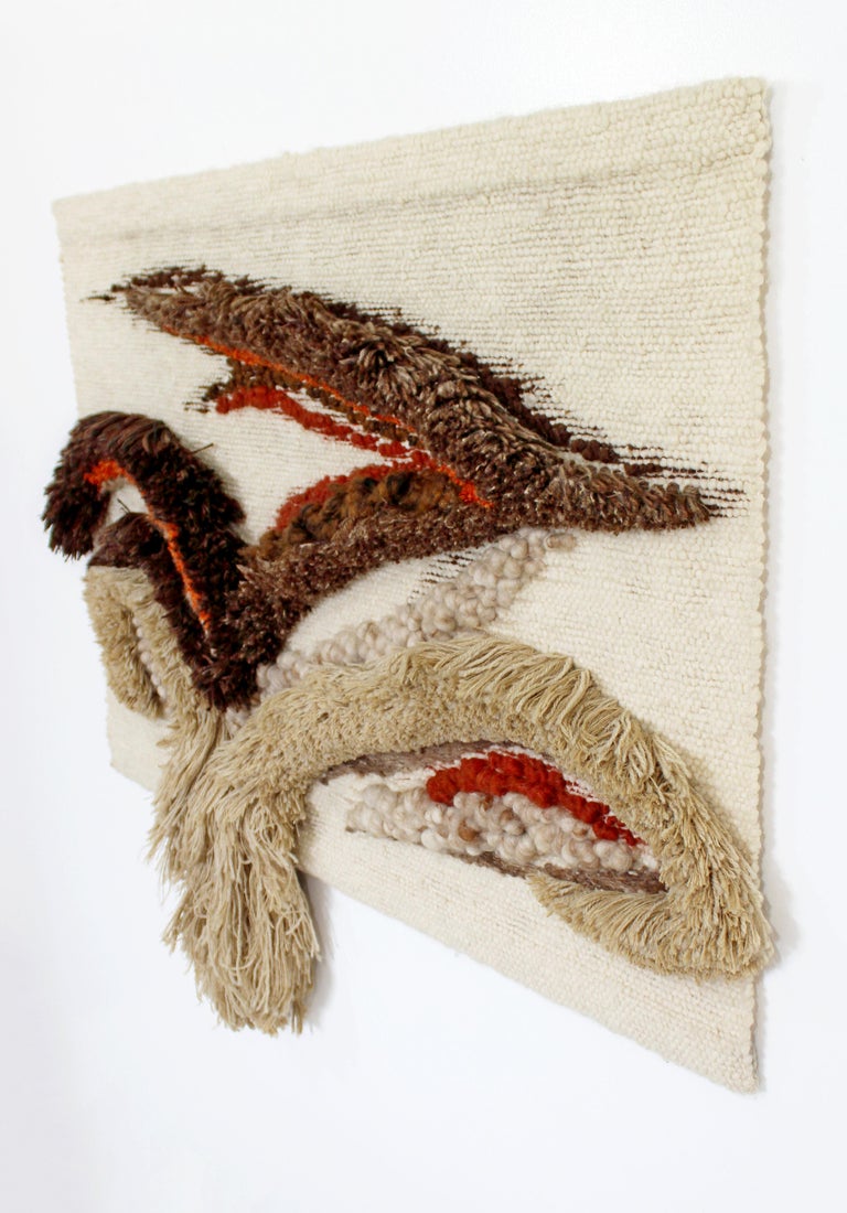 Mid-Century Modern Hand Woven Wool Fiber Wall Art Abstract Brown Orange