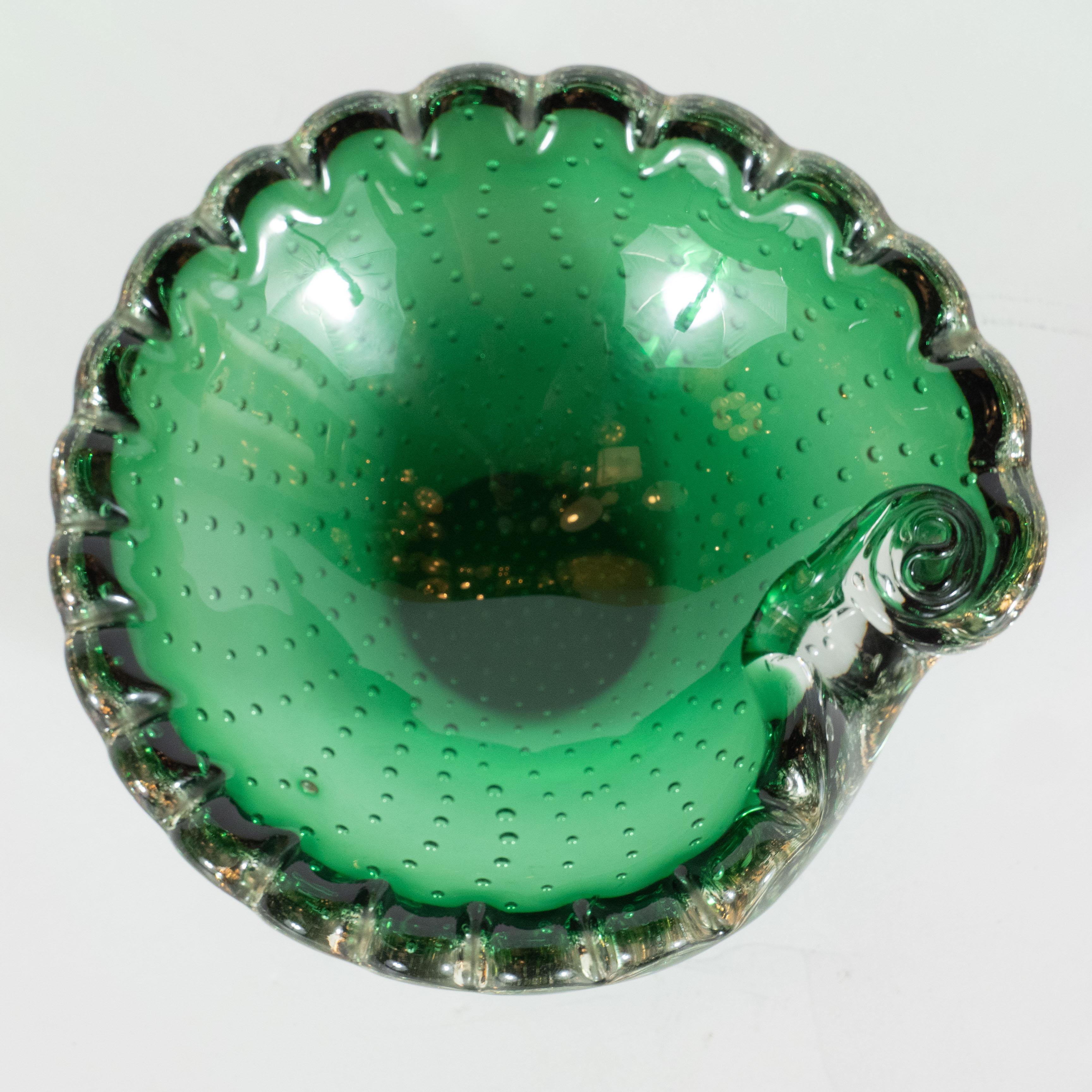 Italian Mid-Century Modern Handblown Bullicante Murano Emerald Glass Bowl