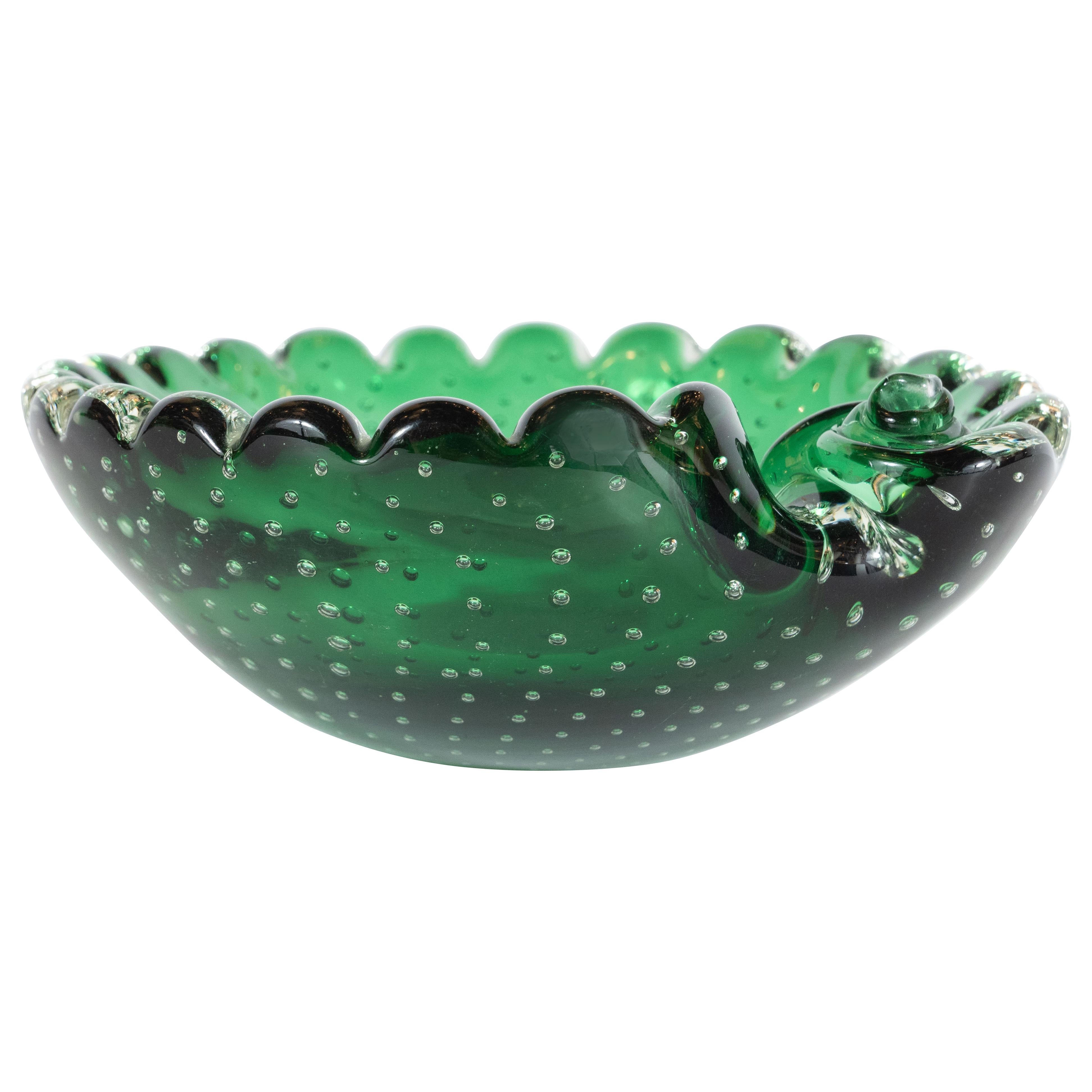 Murano Glass Mid-Century Modern Handblown Bullicante Murano Emerald Glass Bowl
