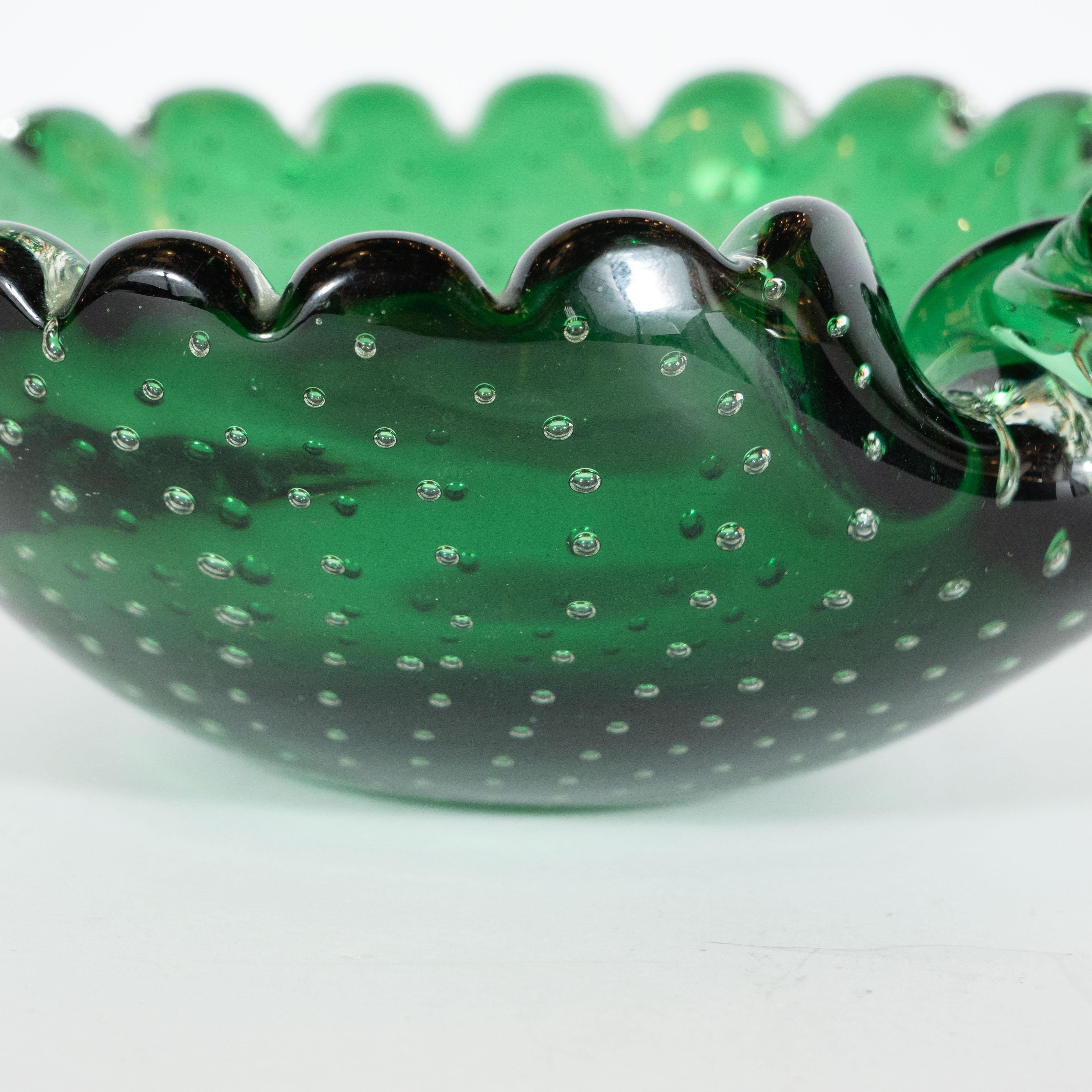 Mid-Century Modern Handblown Bullicante Murano Emerald Glass Bowl 1