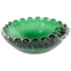 Mid-Century Modern Handblown Bullicante Murano Emerald Glass Bowl