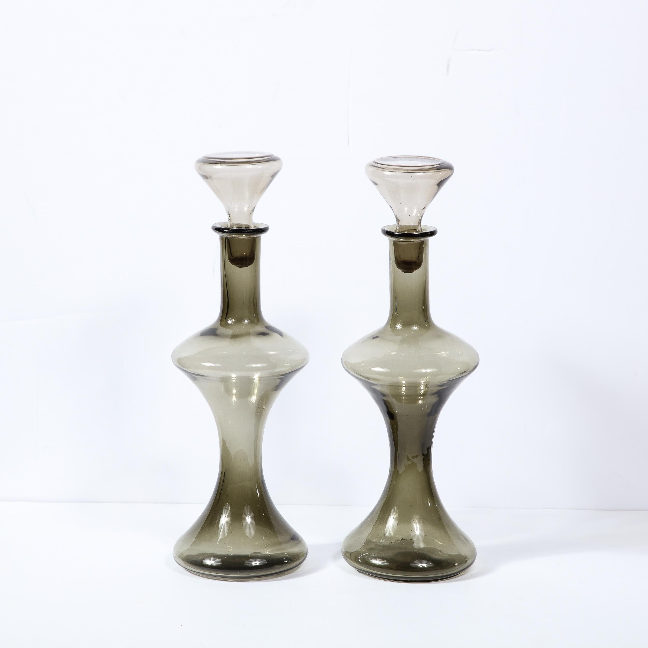 Italian Mid-Century Modern Handblown Gradient Smoked Murano Glass Hourglass Decanters For Sale