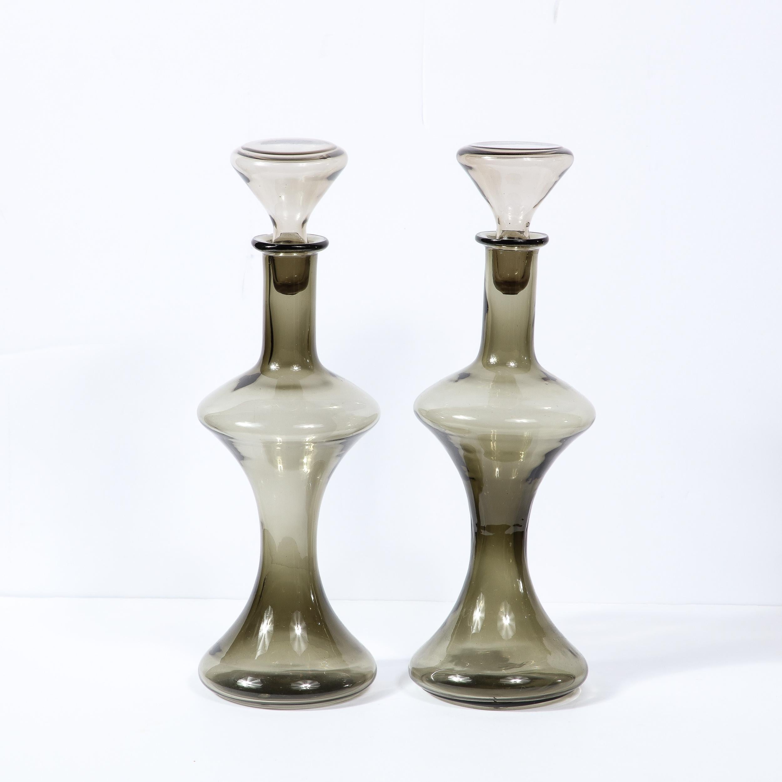 Mid-Century Modern Handblown Gradient Smoked Murano Glass Hourglass Decanters For Sale 2