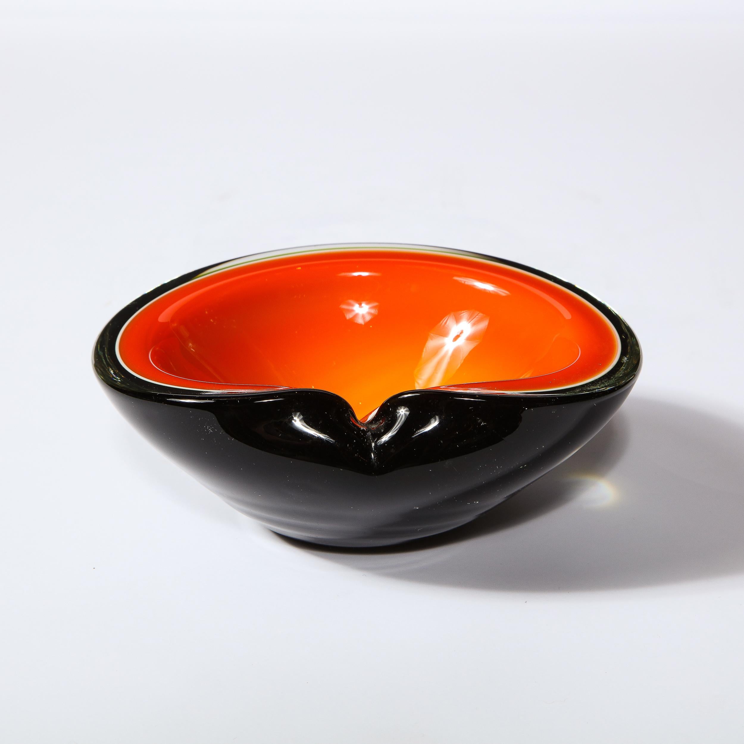 Murano Glass Mid-Century Modern Handblown Murano Bowl in Black & Lava Orange