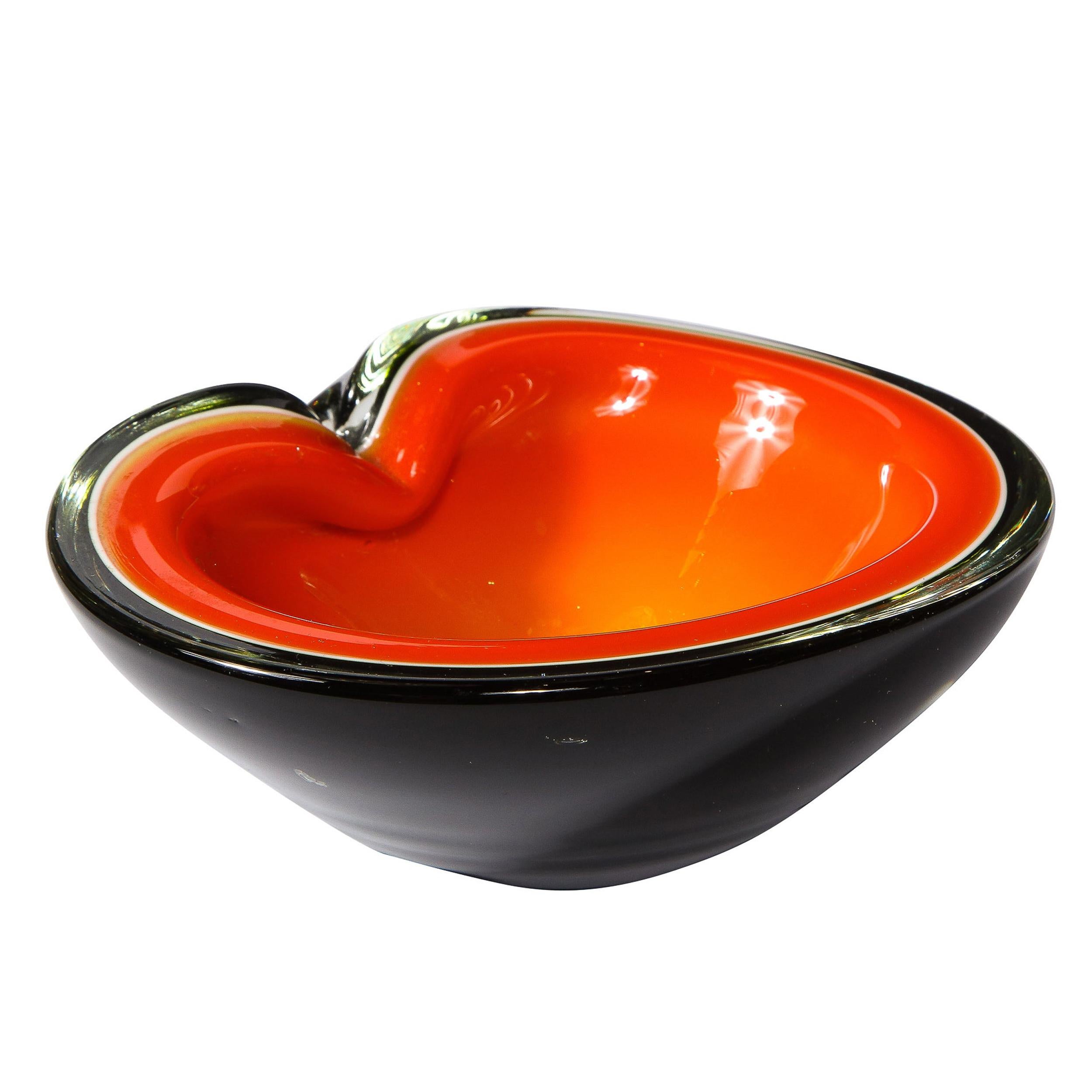 Mid-Century Modern Handblown Murano Bowl in Black & Lava Orange