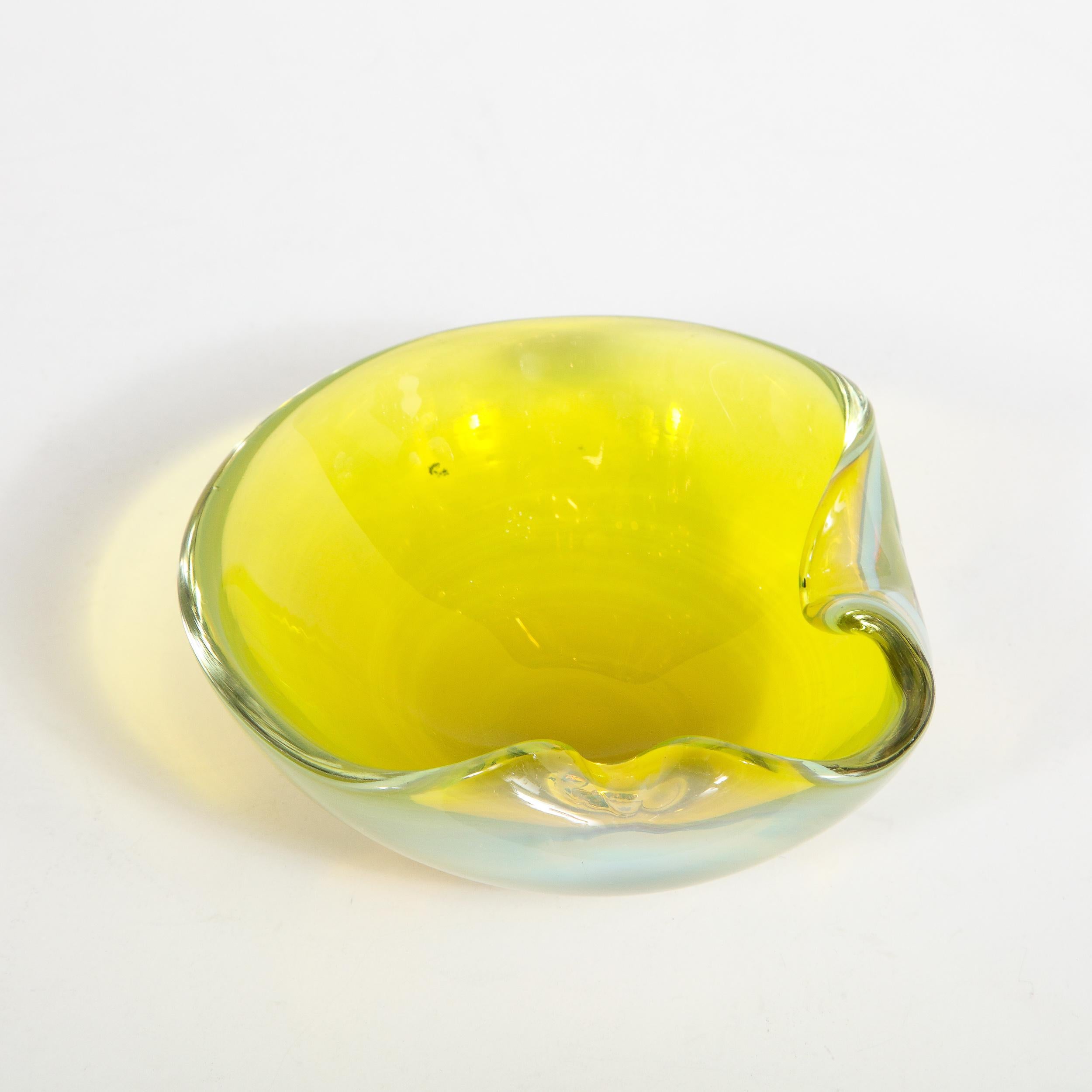 Mid-Century Modern Hand Blown Murano Chartreuse and Opalescent Glass Bowl 4