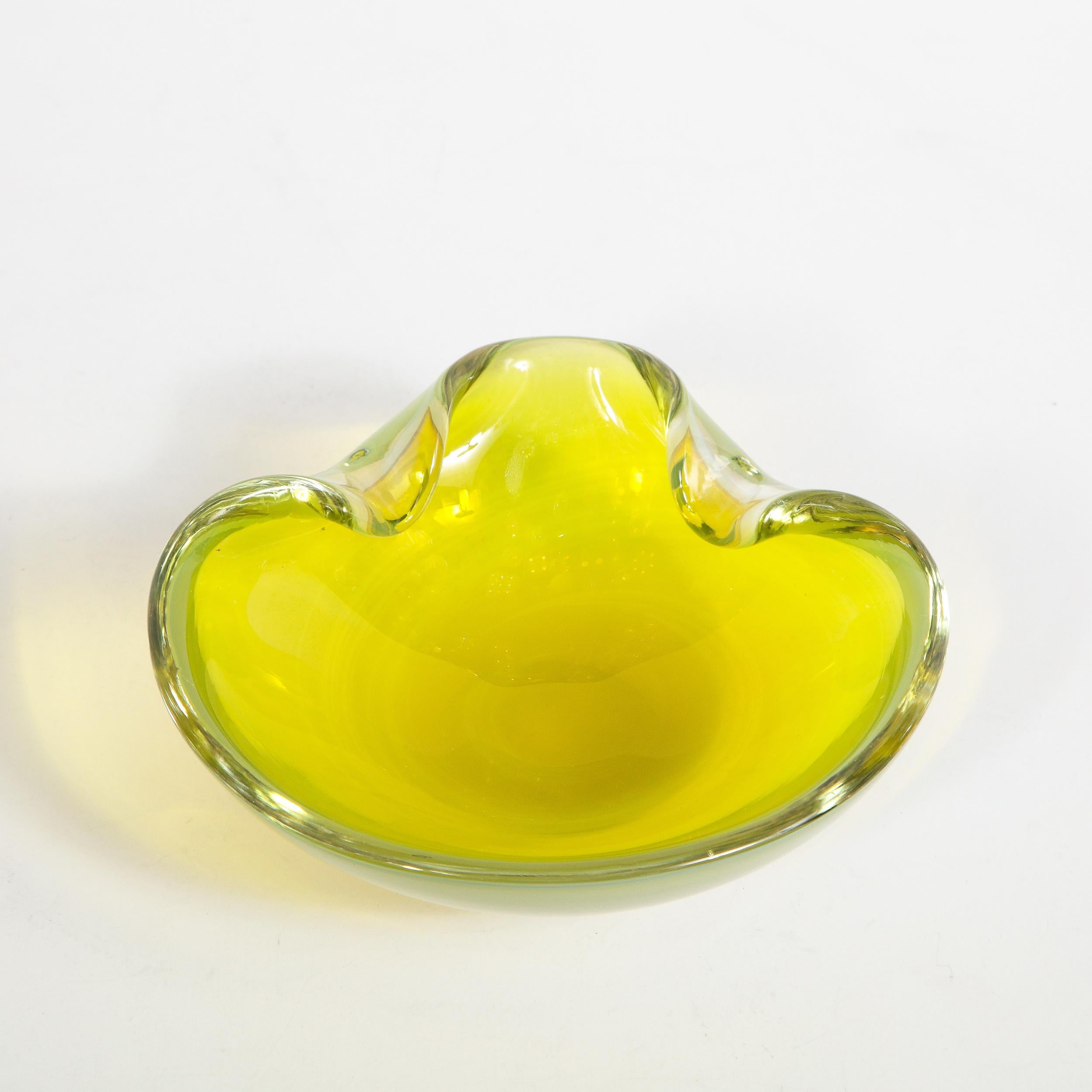 Mid-Century Modern Hand Blown Murano Chartreuse and Opalescent Glass Bowl 5