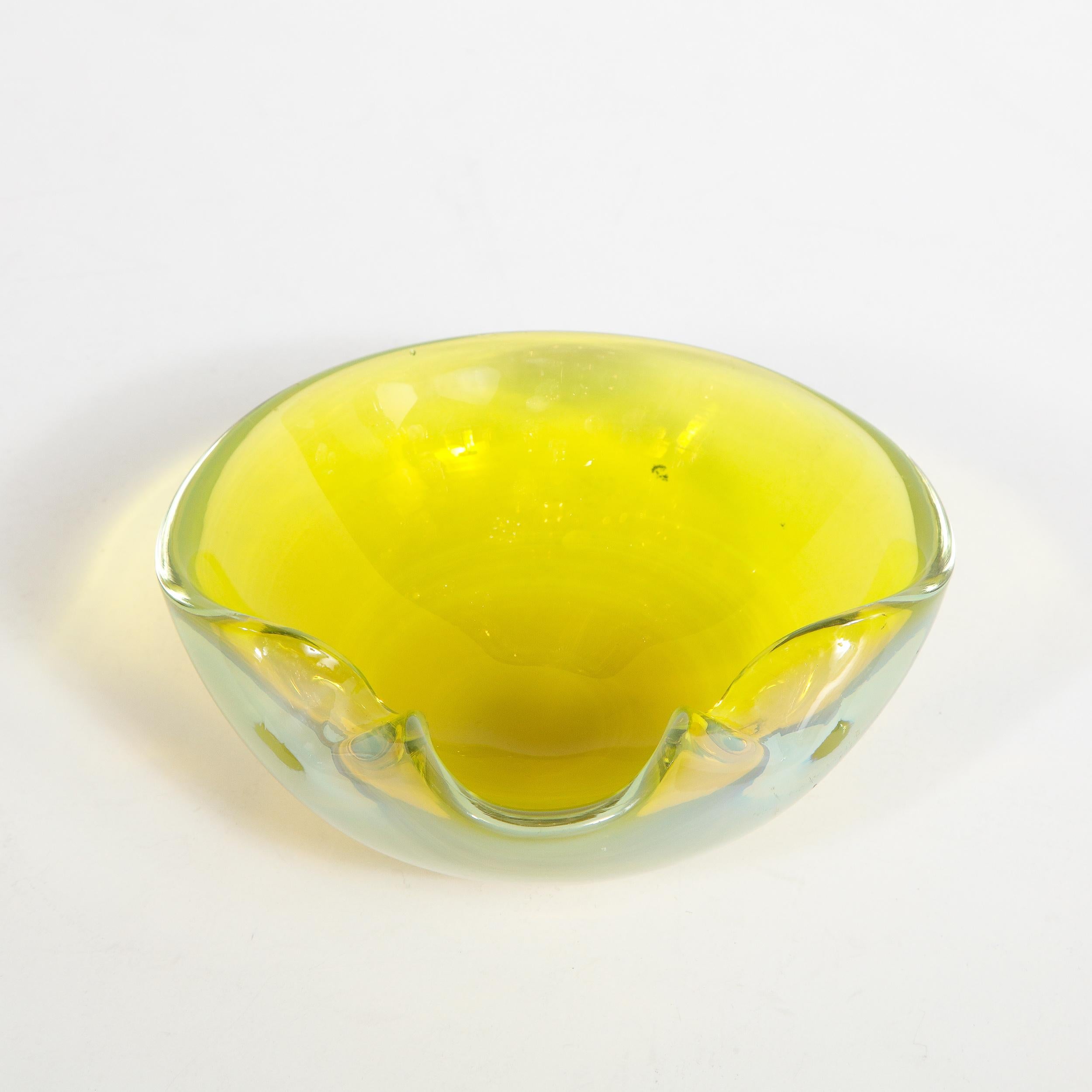 Mid-Century Modern Hand Blown Murano Chartreuse and Opalescent Glass Bowl 6