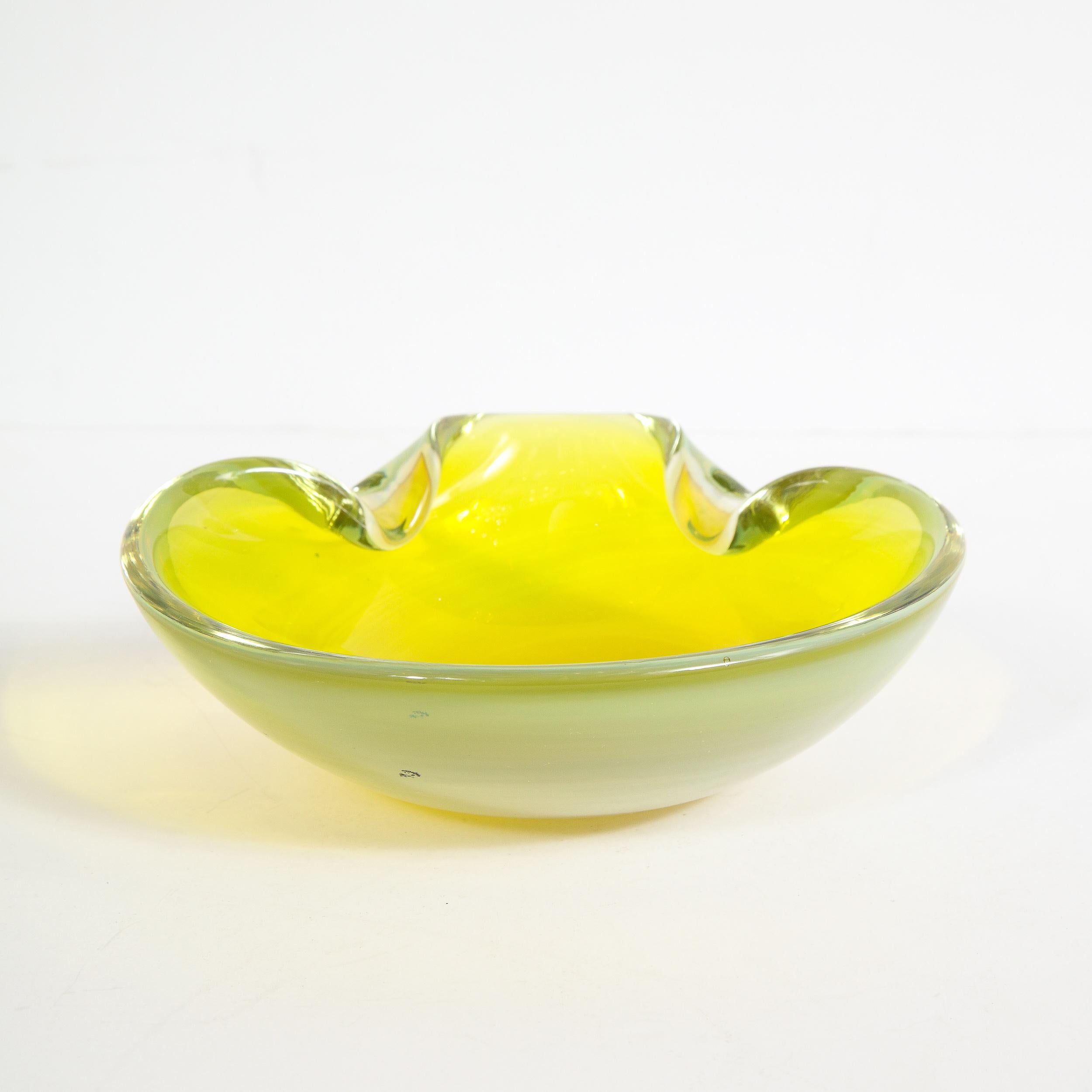 Mid-Century Modern Hand Blown Murano Chartreuse and Opalescent Glass Bowl In Excellent Condition In New York, NY