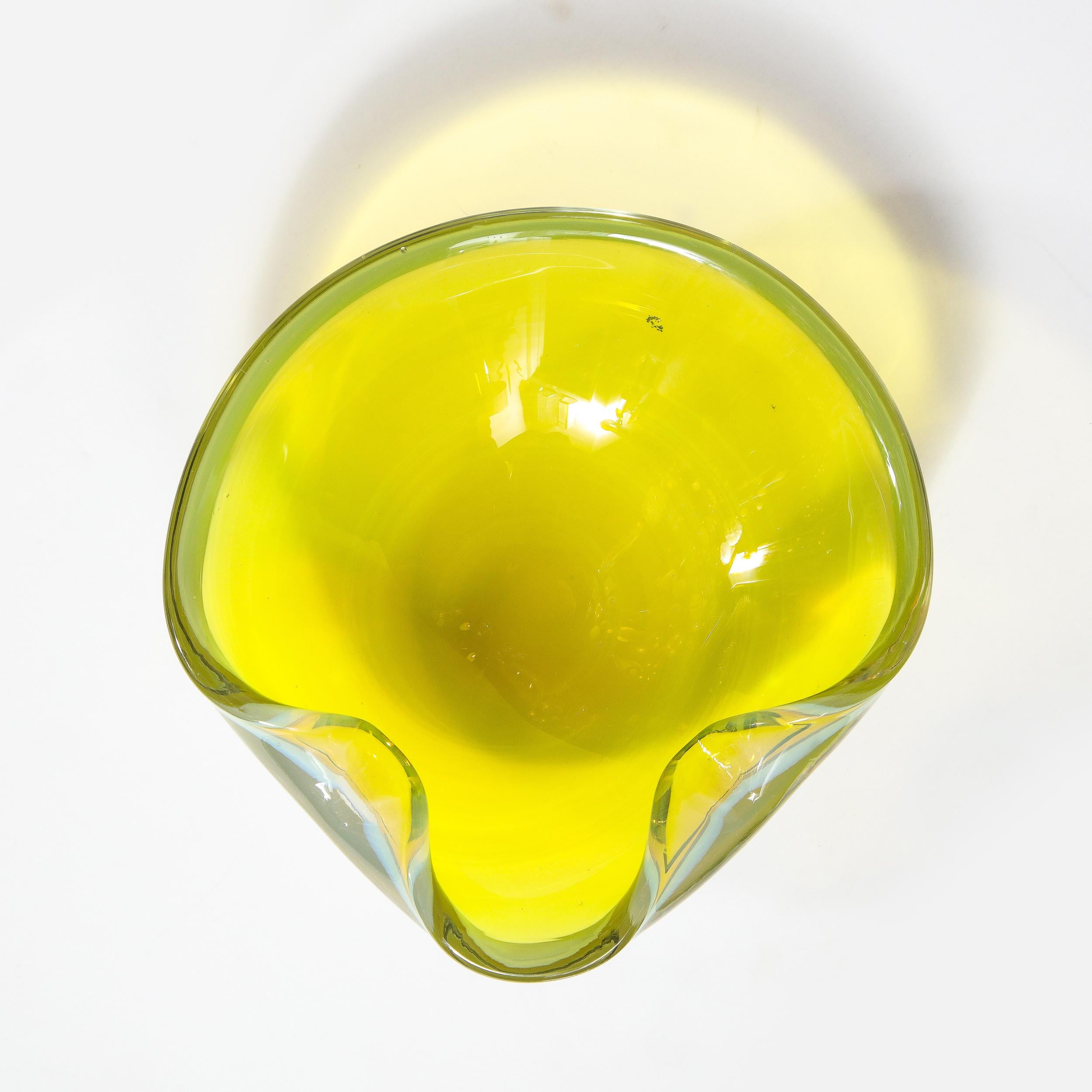 Mid-20th Century Mid-Century Modern Hand Blown Murano Chartreuse and Opalescent Glass Bowl