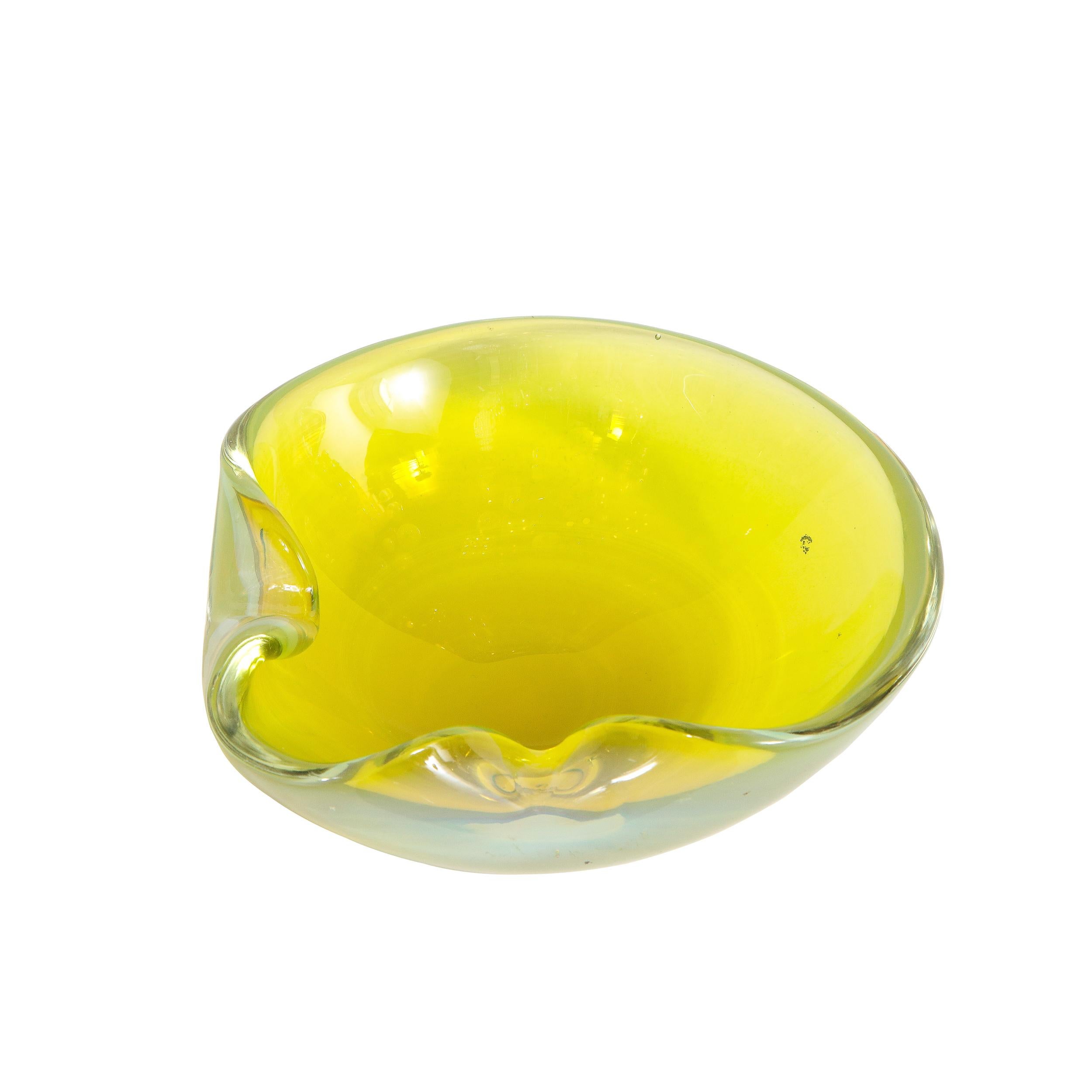 Mid-Century Modern Hand Blown Murano Chartreuse and Opalescent Glass Bowl 2