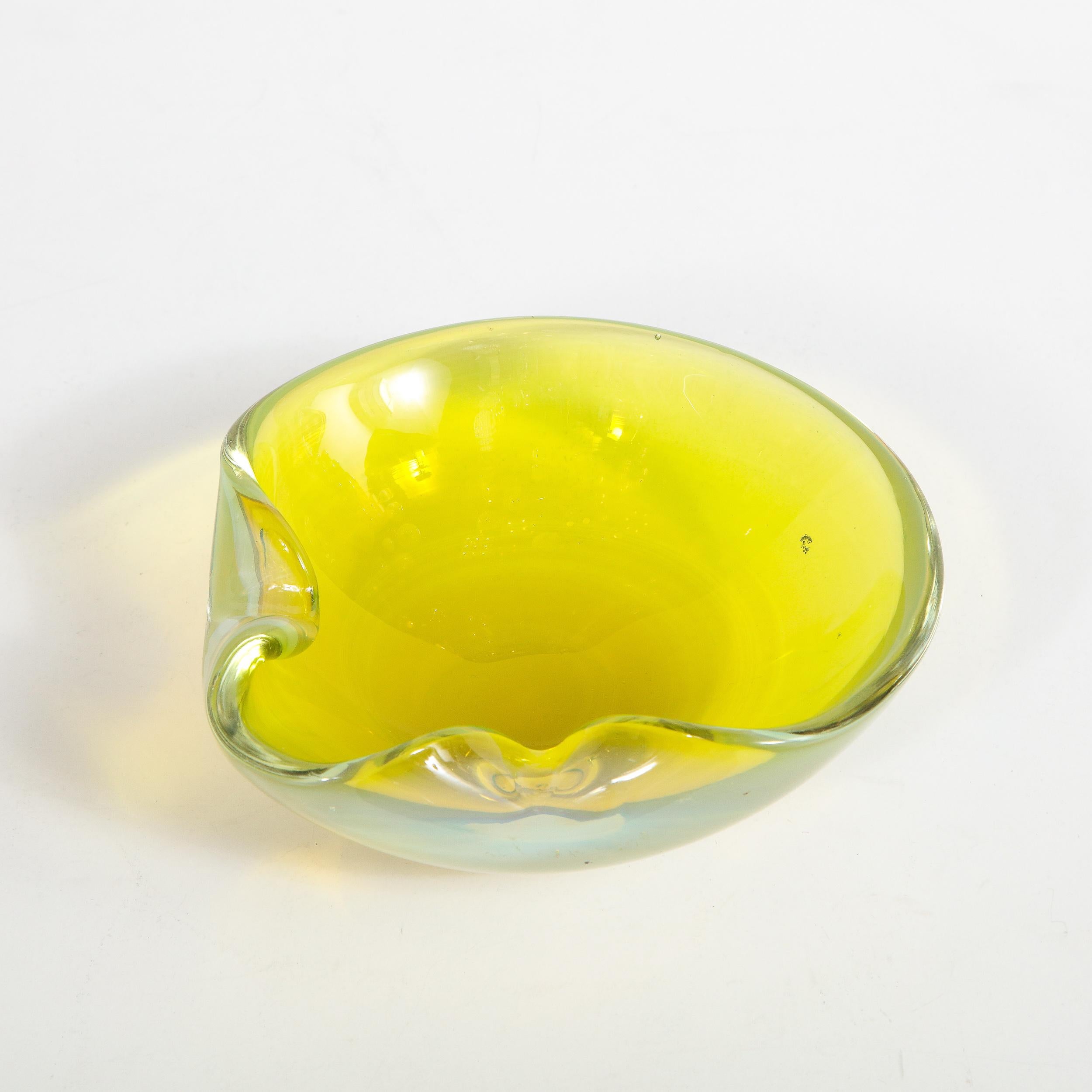 Mid-Century Modern Hand Blown Murano Chartreuse and Opalescent Glass Bowl 3