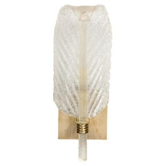 Retro Mid-Century Modern Handblown Murano Clear Glass "Leaf" Sconce w/ Brass Fittings