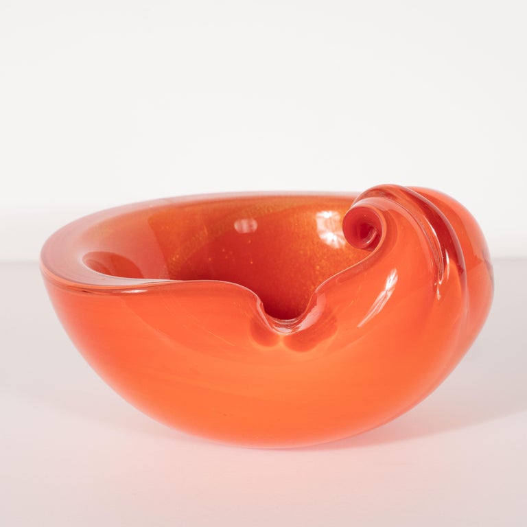 MidCentury Modern Handblown Murano Coral Red Glass Bowl For Sale at