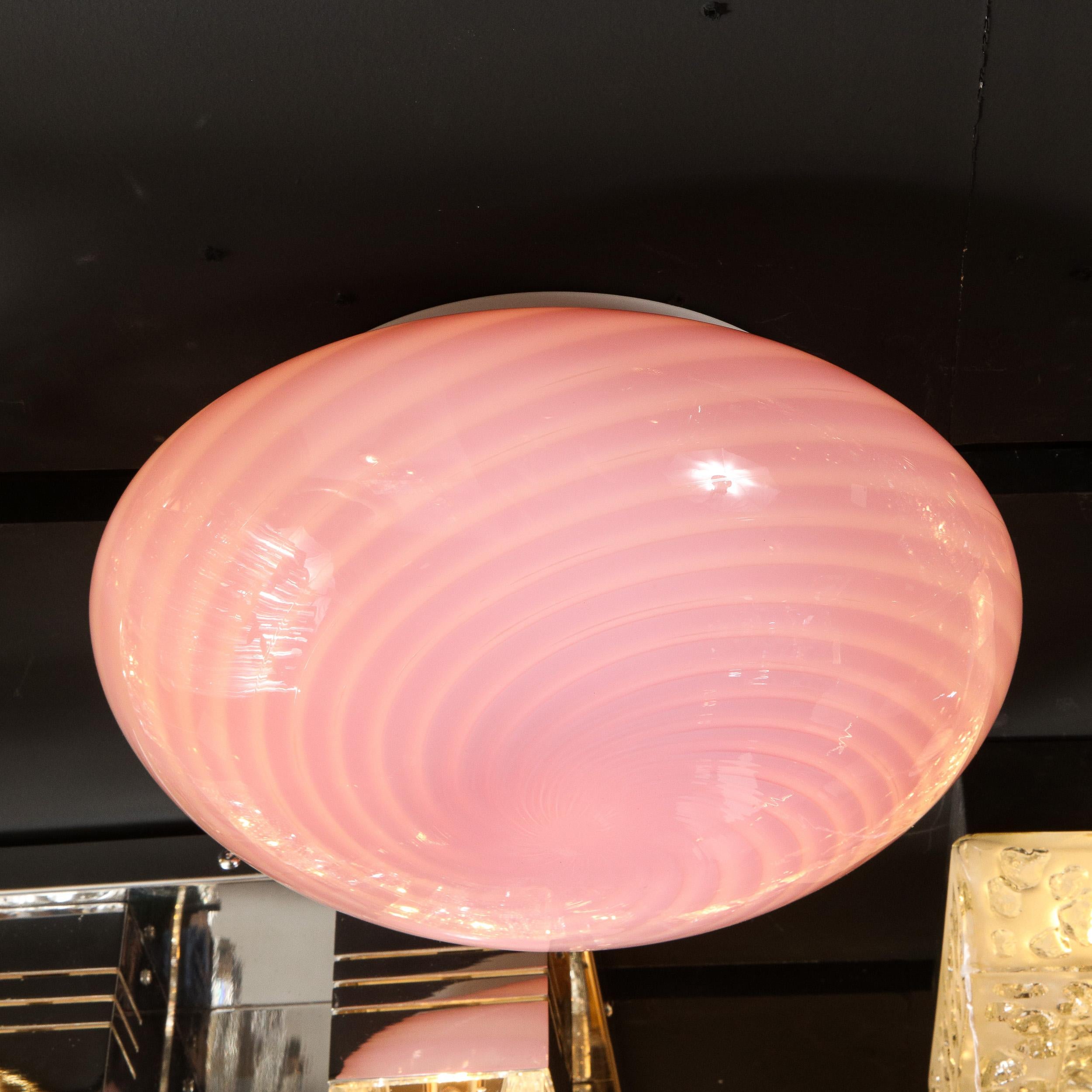 Italian Mid-Century Modern Handblown Murano Pink Striated Swirl Flush Mount Signed Vetri