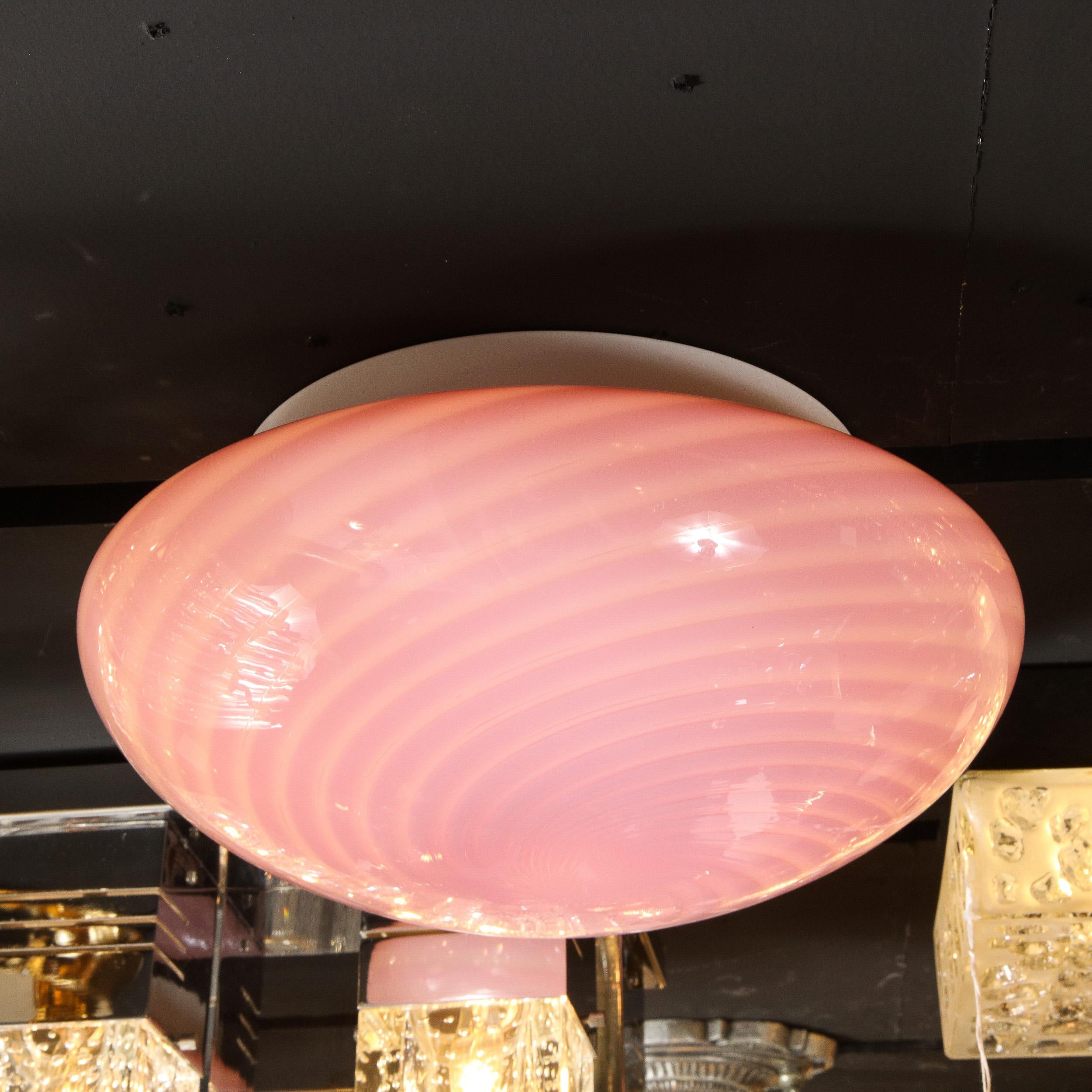 Mid-Century Modern Handblown Murano Pink Striated Swirl Flush Mount Signed Vetri In Excellent Condition In New York, NY
