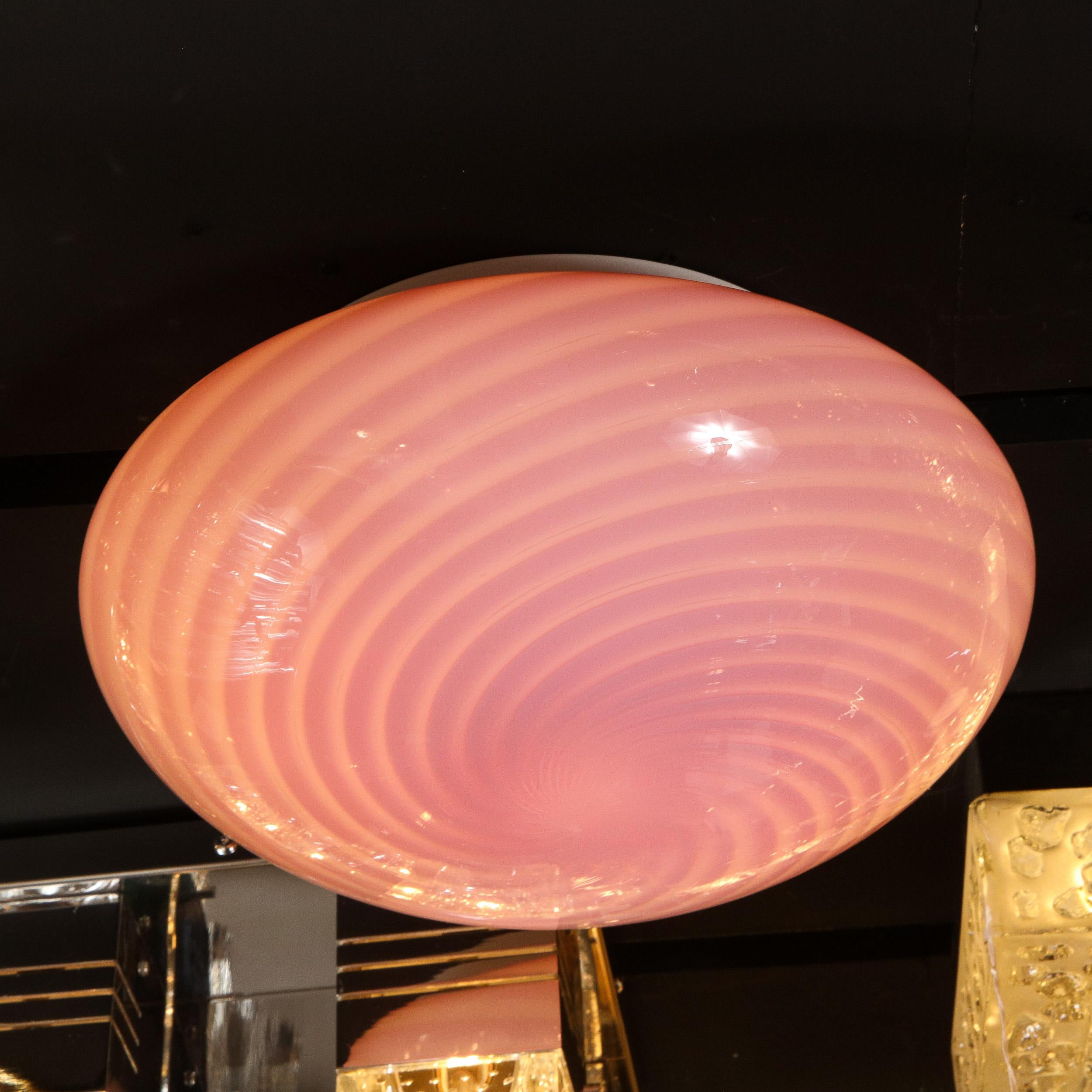 Mid-Century Modern Handblown Murano Pink Striated Swirl Flush Mount Signed Vetri 2