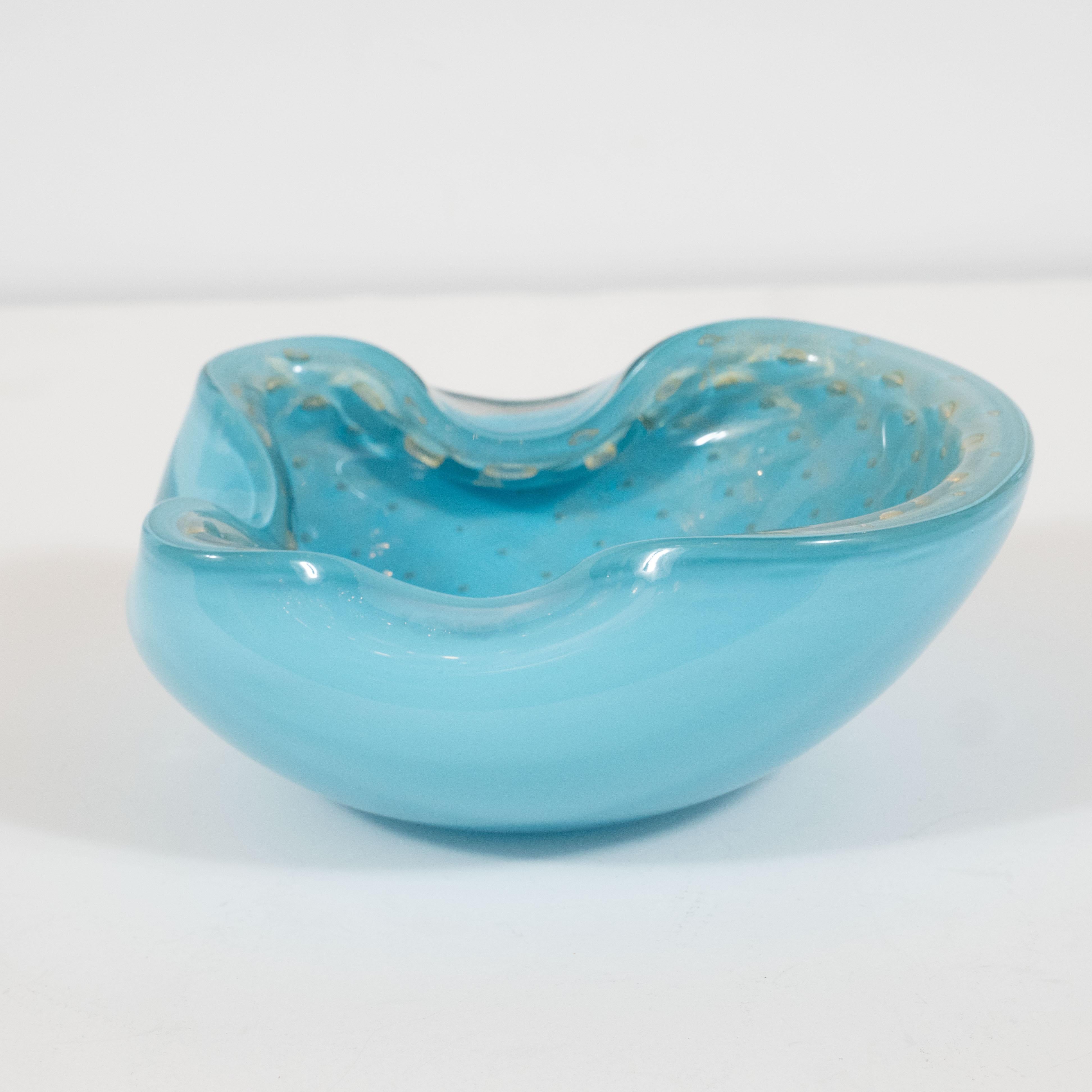 Mid-Century Modern Hand Blown Murano Sky Blue Bowl with 24kt Yellow Gold Murines In Excellent Condition In New York, NY