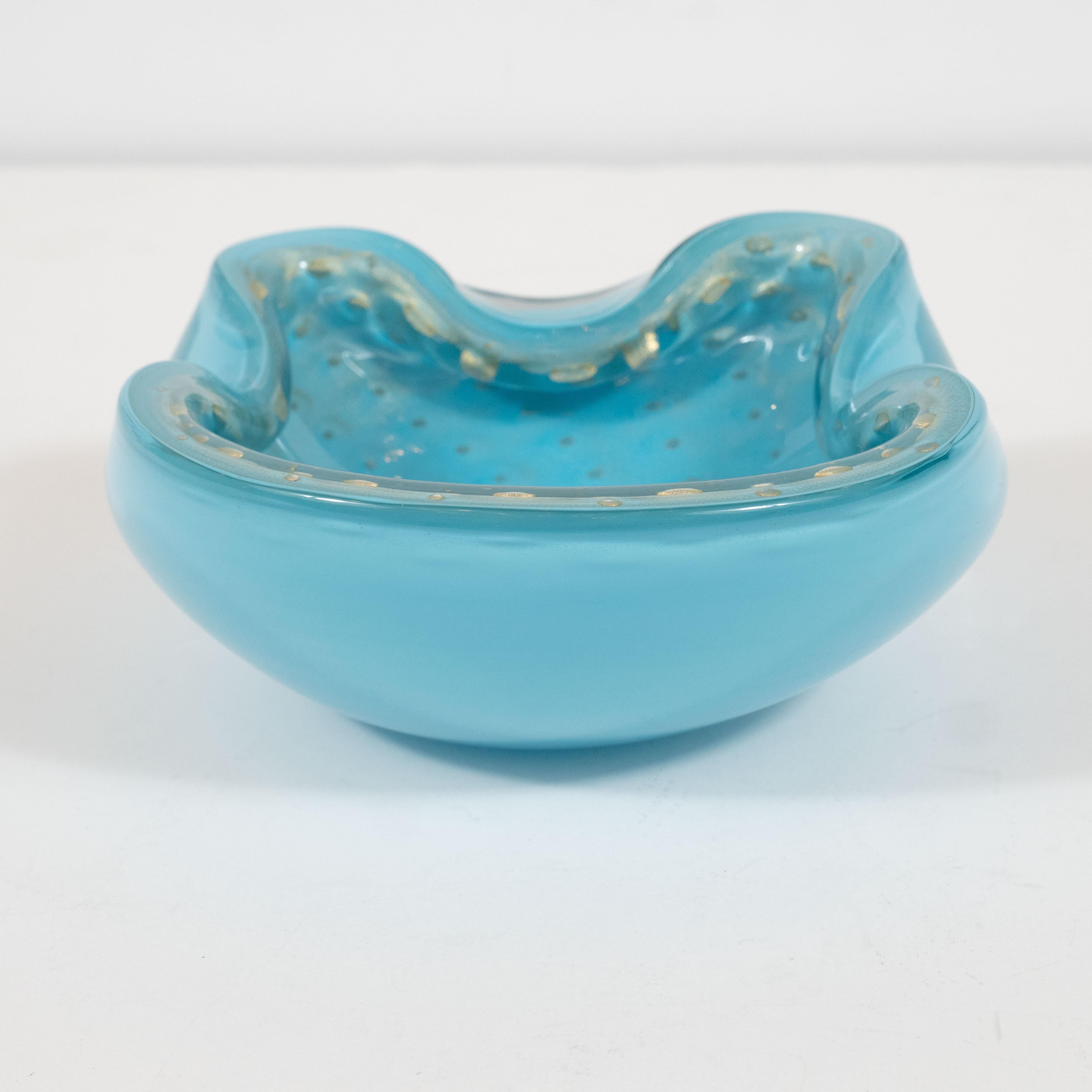 Mid-20th Century Mid-Century Modern Hand Blown Murano Sky Blue Bowl with 24kt Yellow Gold Murines