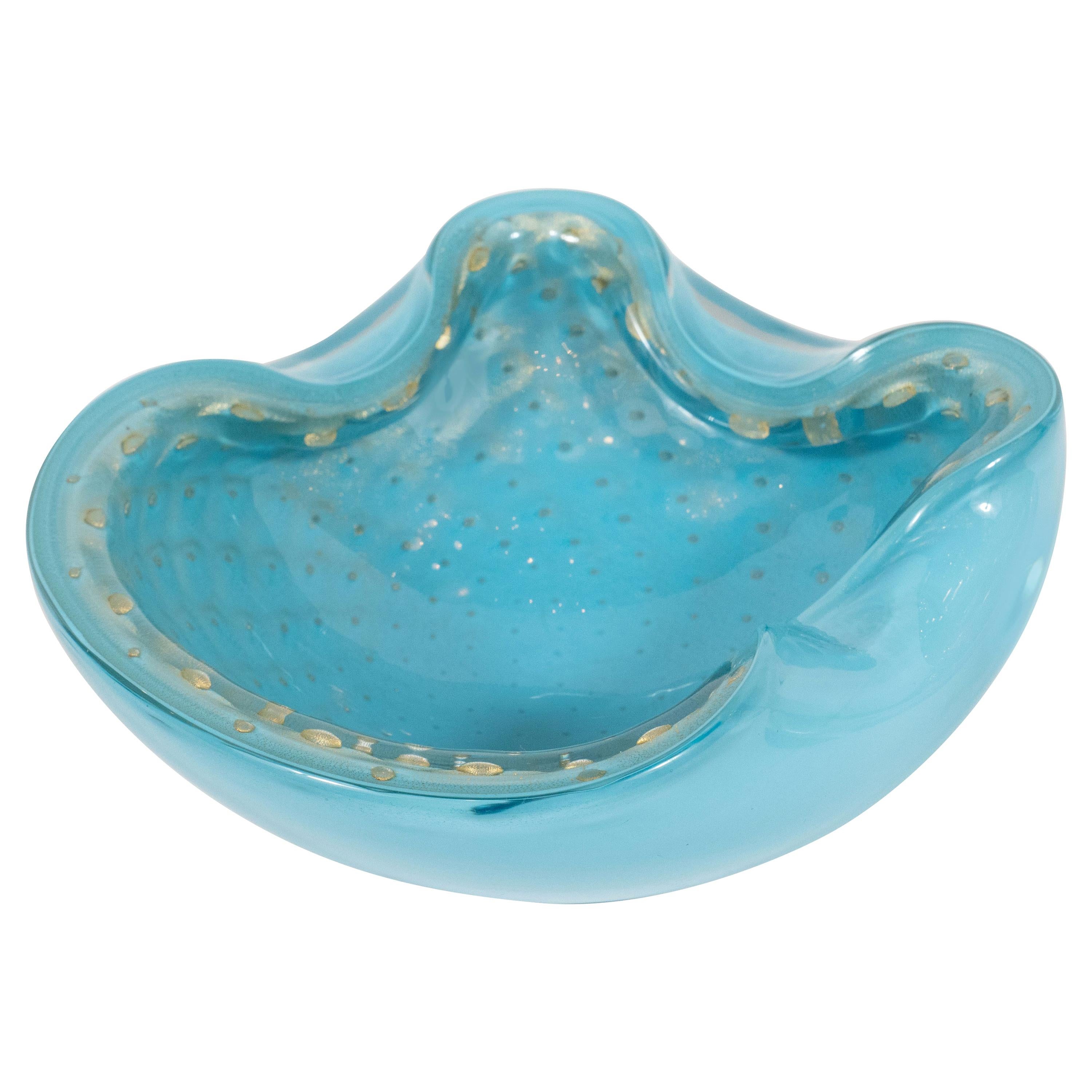 Mid-Century Modern Hand Blown Murano Sky Blue Bowl with 24kt Yellow Gold Murines