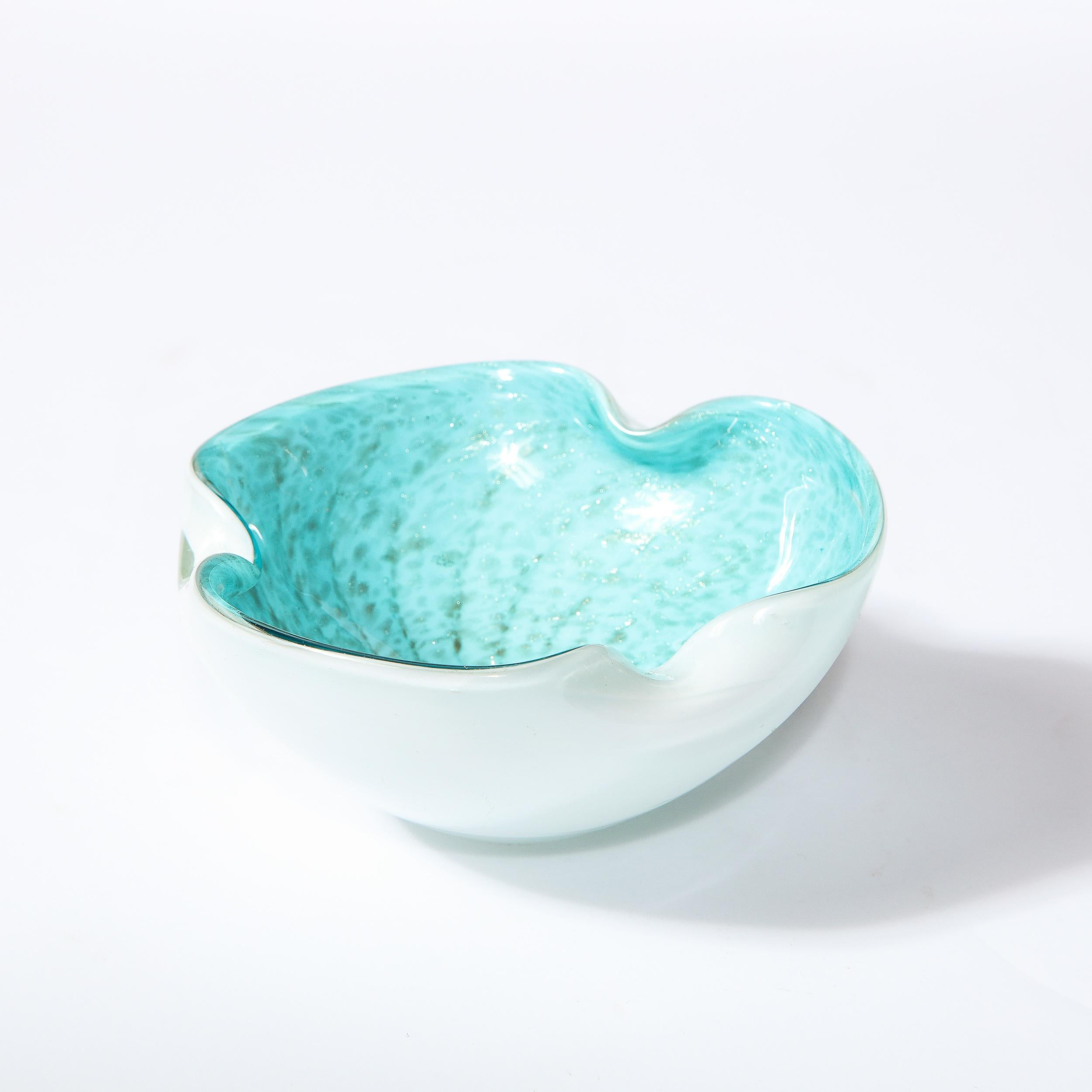 Murano Glass Mid-Century Modern Handblown Murano Sky Blue & White Murano Bowl w/ Gold Flecks